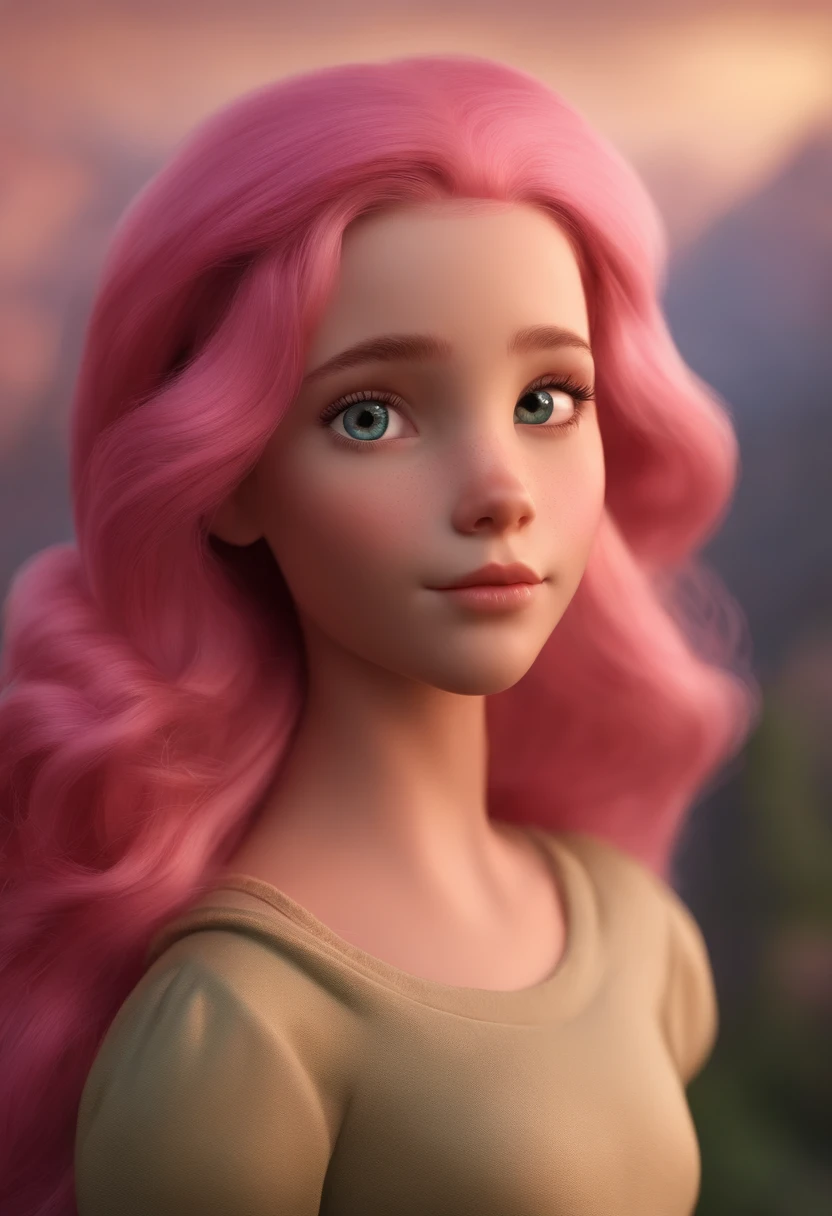 Um arquiteto de sonhos futurista, mas realista, inspired by Pixar animation, de perto. Uma  de 8 anos com os olhos cor-de-rosa, Long pink hair takes center stage with captivating facial expressions, oferecendo um toque de irrealidade.