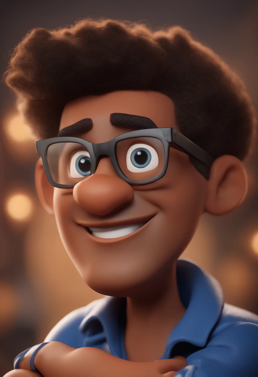Cartoon character of a man with black glasses and a blue shirt, animation character, Caractere estilizado, animation style rendering, 3D estilizado, Arnold Maya render, 3 d render stylized, toon render keyshot, Personagem 3D, Personagem 3D, 3d rendering stylized, 3 d character render, personagem de desenho animado, Personagem de close up, Pose de personagem, (Estilo Pixar) (master part:1.2) (Bokeh) (best quality) (pele detalhada) (textura detalhada) (8k) (argila) (Cinematic lighting) (foco nítido