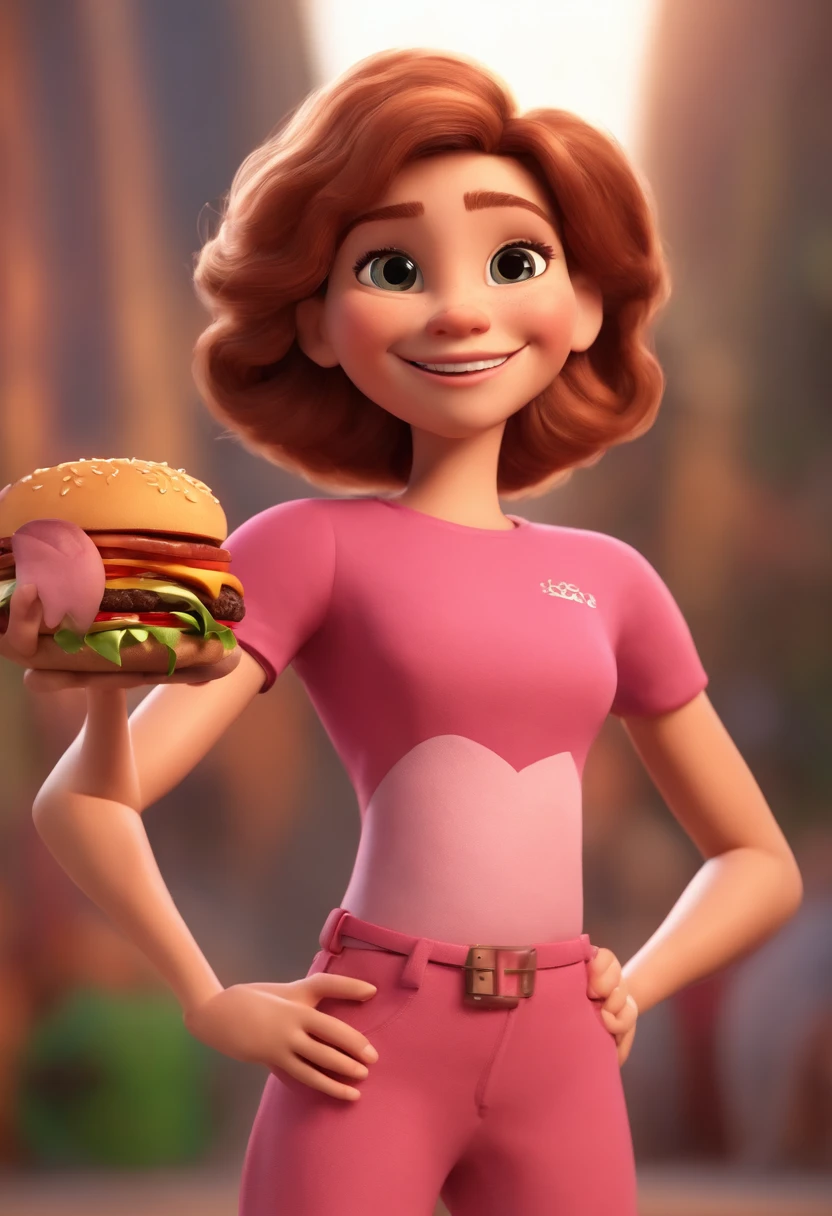 Personagem de desenho animado de uma , usando uma camisa rosa, comendo um hamburguer em uma lanchonete, um personagem animado, Caractere estilizado, animation style rendering, 3D estilizado, Arnold Maya render, 3 d render stylized, toon render keyshot, Personagem 3D, Personagem 3D, 3d rendering stylized, 3 d character render, personagem de desenho animado, Personagem de close up, Pose de personagem, (Estilo Pixar) (master part:1.2) (Bokeh) (best quality) (pele detalhada) (textura detalhada) (8k) (argila) (Cinematic lighting) (foco nítido,Senta e vaza a parte superior do corpo