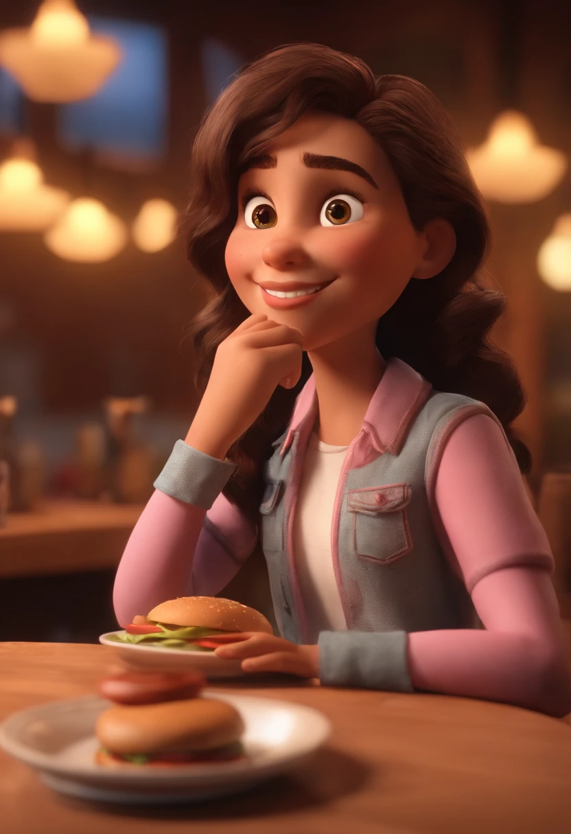 Personagem de desenho animado de uma , usando uma camisa rosa, comendo um hamburguer em uma lanchonete, um personagem animado, Caractere estilizado, animation style rendering, 3D estilizado, Arnold Maya render, 3 d render stylized, toon render keyshot, Personagem 3D, Personagem 3D, 3d rendering stylized, 3 d character render, personagem de desenho animado, Personagem de close up, Pose de personagem, (Estilo Pixar) (master part:1.2) (Bokeh) (best quality) (pele detalhada) (textura detalhada) (8k) (argila) (Cinematic lighting) (foco nítido,Senta e vaza a parte superior do corpo