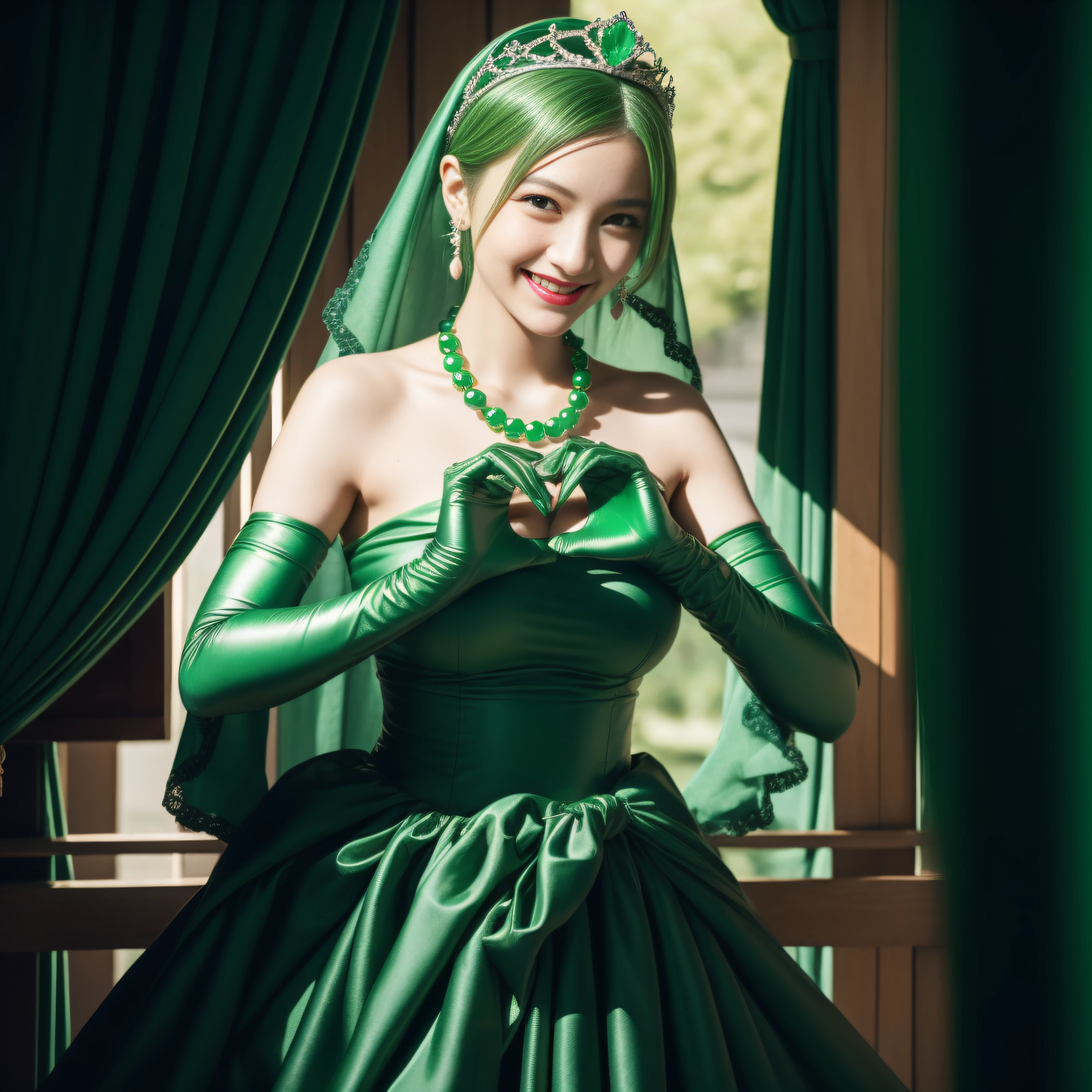 emerald tiara, Green Pearl Necklace, Boyish very short green hair, lipsticks, Japan woman smiling, very short short hair, big breasts beautiful, Green eyes, Long green gloves made of satin material, Green eyes, Emerald Earrings, green vale, Heart with both hands