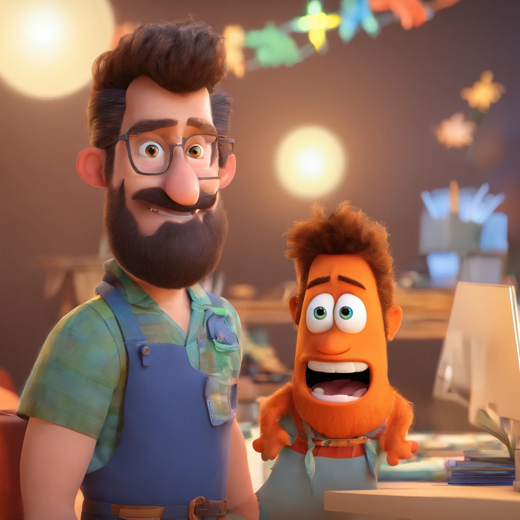 Criar um personagem no estilo Pixar. Trata-se de um homem de 30 anos, com barba, Branco, com cabelos castanhos curtos e um quiff, e olhos castanhos. Ele deve estar na frente de um computador, Trabalhar como designer