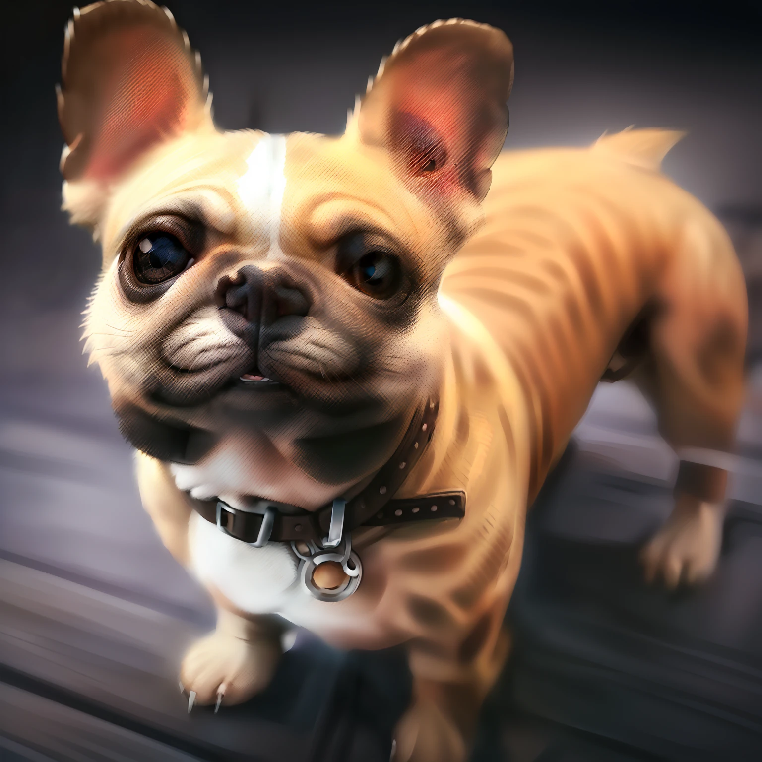There is a small brown and white dog standing on a deck, French Bulcon, Dog cute, small dog, Directed by: Niko Henrichon, Directed by: Emma Andijewska, foto de retrato, pet animal, Assunto: cane, Looking towards the camera, anthropomorphic dog, puppy, cara de pug, Gorgeous features, foto de retrato em close-up, Directed by: Micha Klein