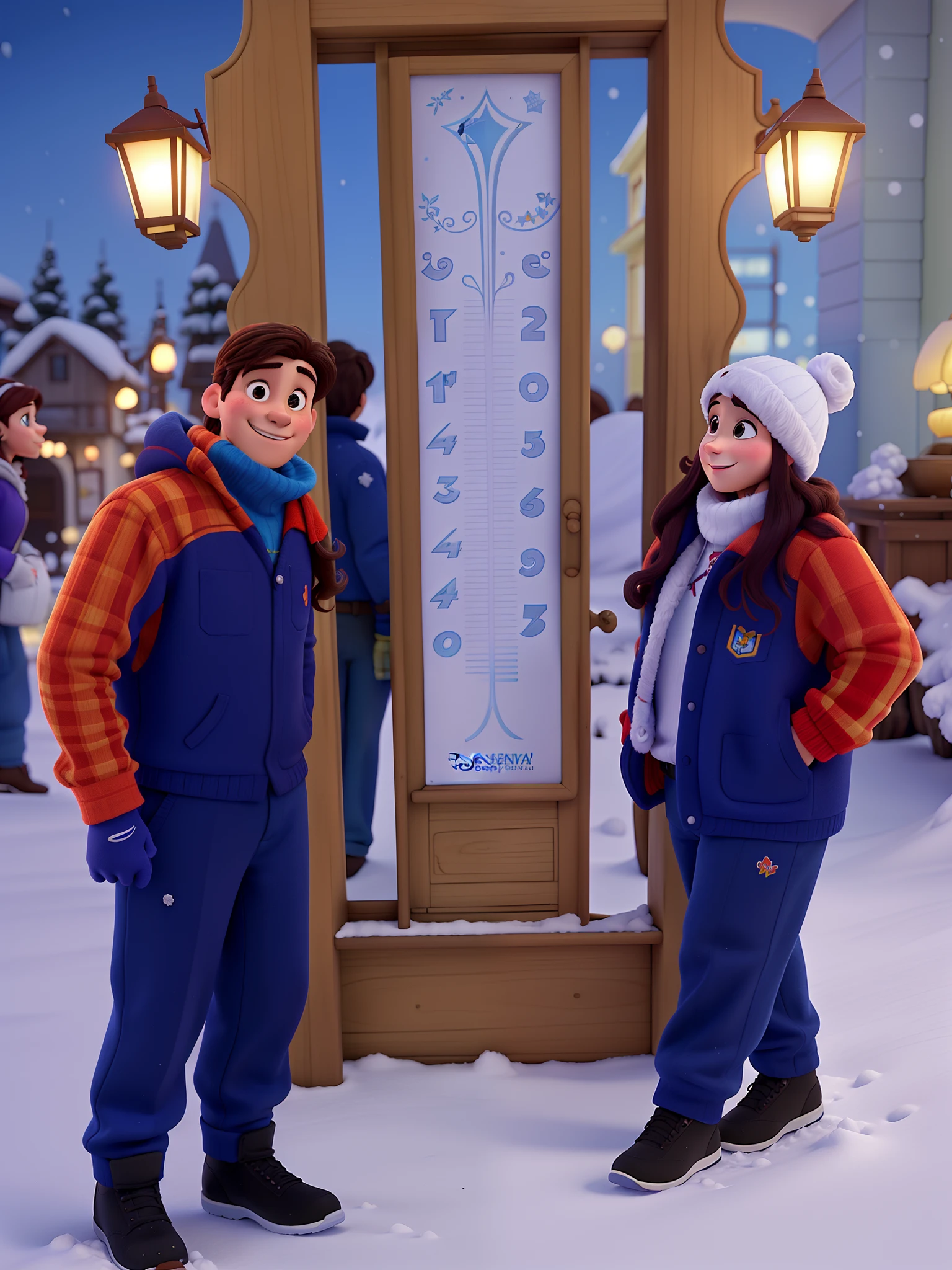 Crie um poster no estilo Disney pixar, casal na neve