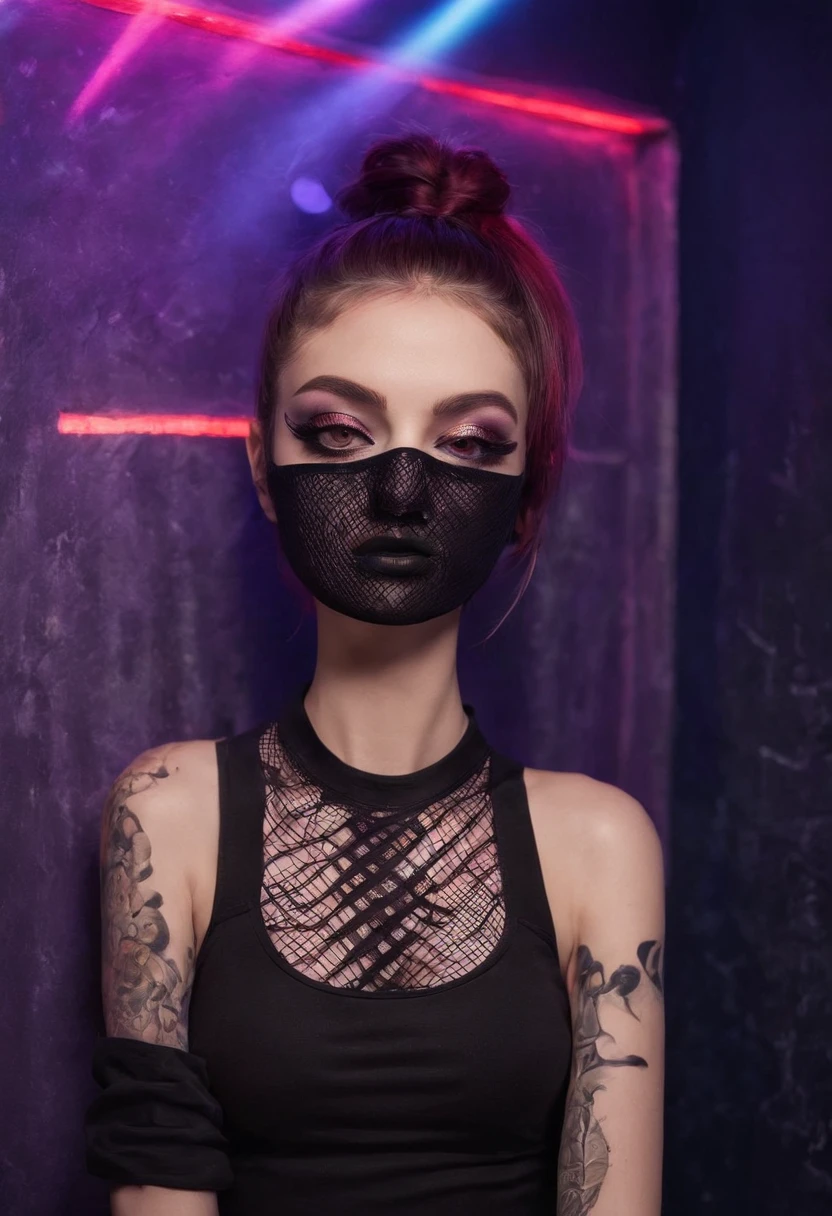 Punk woman wearing a black fishnet top posing for a photo in a club at night, night club lights, black make-up, techno aesthetic, techno fashion, neon lights, ultra detailed, masterpiece.