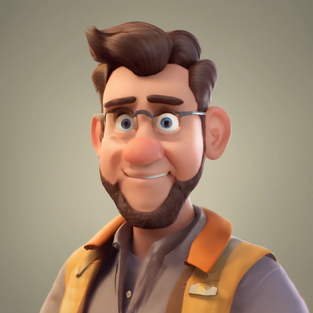 Criar um personagem no estilo Pixar. Trata-se de um homem de 30 anos, com barba, Branco, com cabelos castanhos curtos e um quiff, e olhos castanhos. Ele deve estar na frente de um computador, Trabalhar como designer