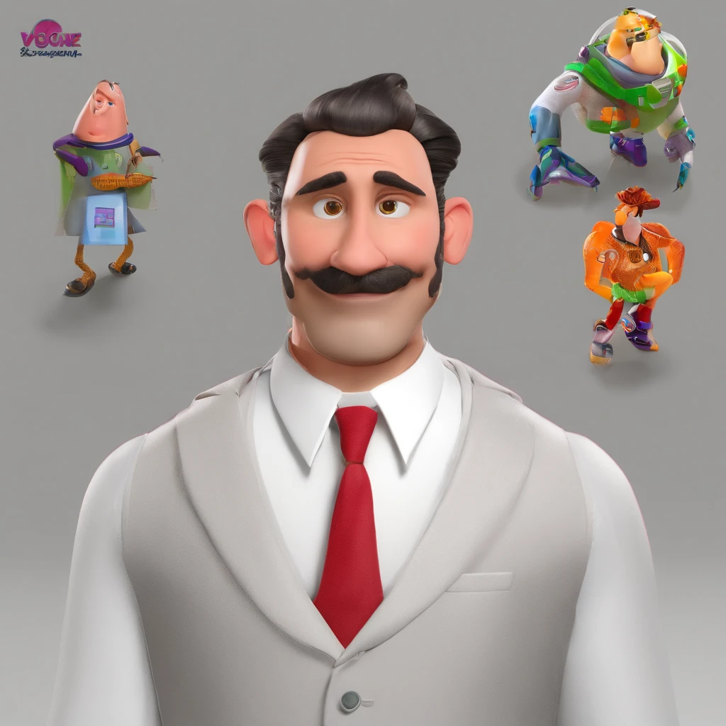 Criar um personagem no estilo Pixar. Trata-se de um homem de 30 anos, com barba, Branco, com cabelos castanhos curtos e um quiff, e olhos castanhos. Ele deve estar na frente de um computador, Trabalhar como designer