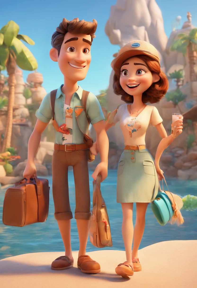 Cartoon of couple having fun on vacation together,  3D Animation Movie Poster, Poster de filme animado, pixar 3 d animation style, pixar renderman rendering, maia 8 mil, animated film, Disney Pixar Estilo 3D, amigos felizes saem juntos, all wearing light blue shirts and cream brown long pants, camisa azul clara, cream brown pants, ao ar livre, vacation, Disney Pixar Animation Poster