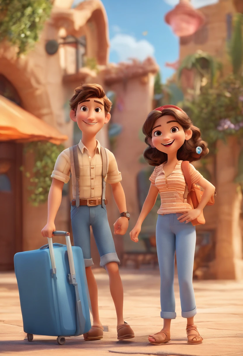 Cartoon of couple having fun on vacation together, 3D Animation Movie Poster, Poster de filme animado, pixar 3 d animation style, pixar renderman rendering, maia 8 mil, animated film, Disney Pixar Estilo 3D, amigos felizes saem juntos, all wearing light blue shirts and cream brown long pants, camisa azul clara, cream brown pants, ao ar livre, vacation, Disney Pixar Animation Poster
