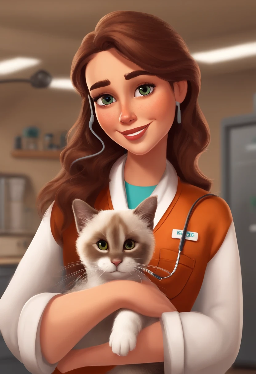 Create a pixar-style character brunette vet using scrubs and a stethoscope, segurando um frasco de medicamento de cannabis, with medium hair, Hazel brown eyes, com cachorro e gato com ela