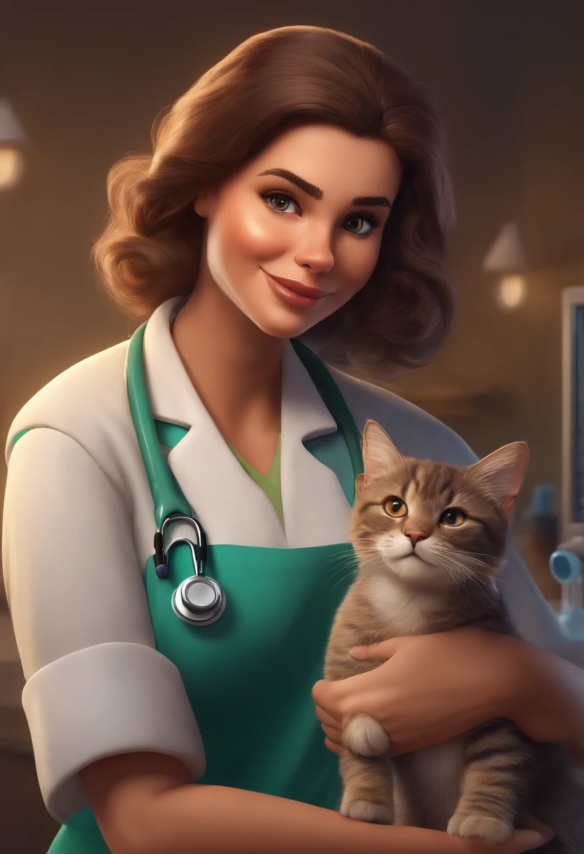 (best quality,realistic), blonde hair, short, white coat, veterinarian, doctor's office, big breast, surrounded by 4 cats, photo, vibrant colors, soft lighting