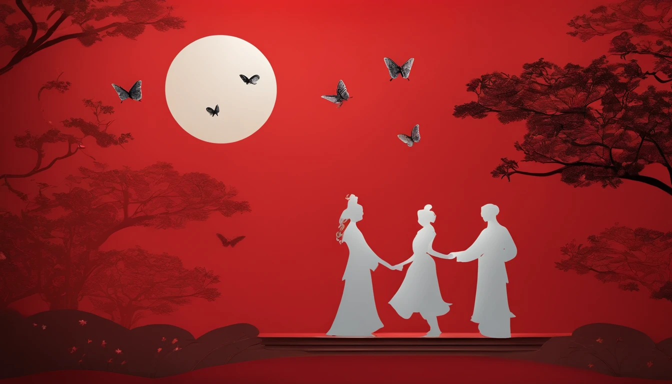 Boy and girl staring at each other, Butterfly Dreams, Flat Paper Cutout，Red background。(Best Quality,4K,8K,hight resolution,masutepiece:1.2),Ultra-detailed,Realistic:1.37,Traditional Performing Arts of Japan,Moonlit landscape,Moonlight silhouette art,Cut Paper Art,Layer effects,Projected shadows,Paper cutouts with intricate details,smooth lines,Harmonious colors,Celebrating the Mid-Autumn Festival, Chinese cultural elements,Enigmatic atmosphere,High contrast between light and shadow.