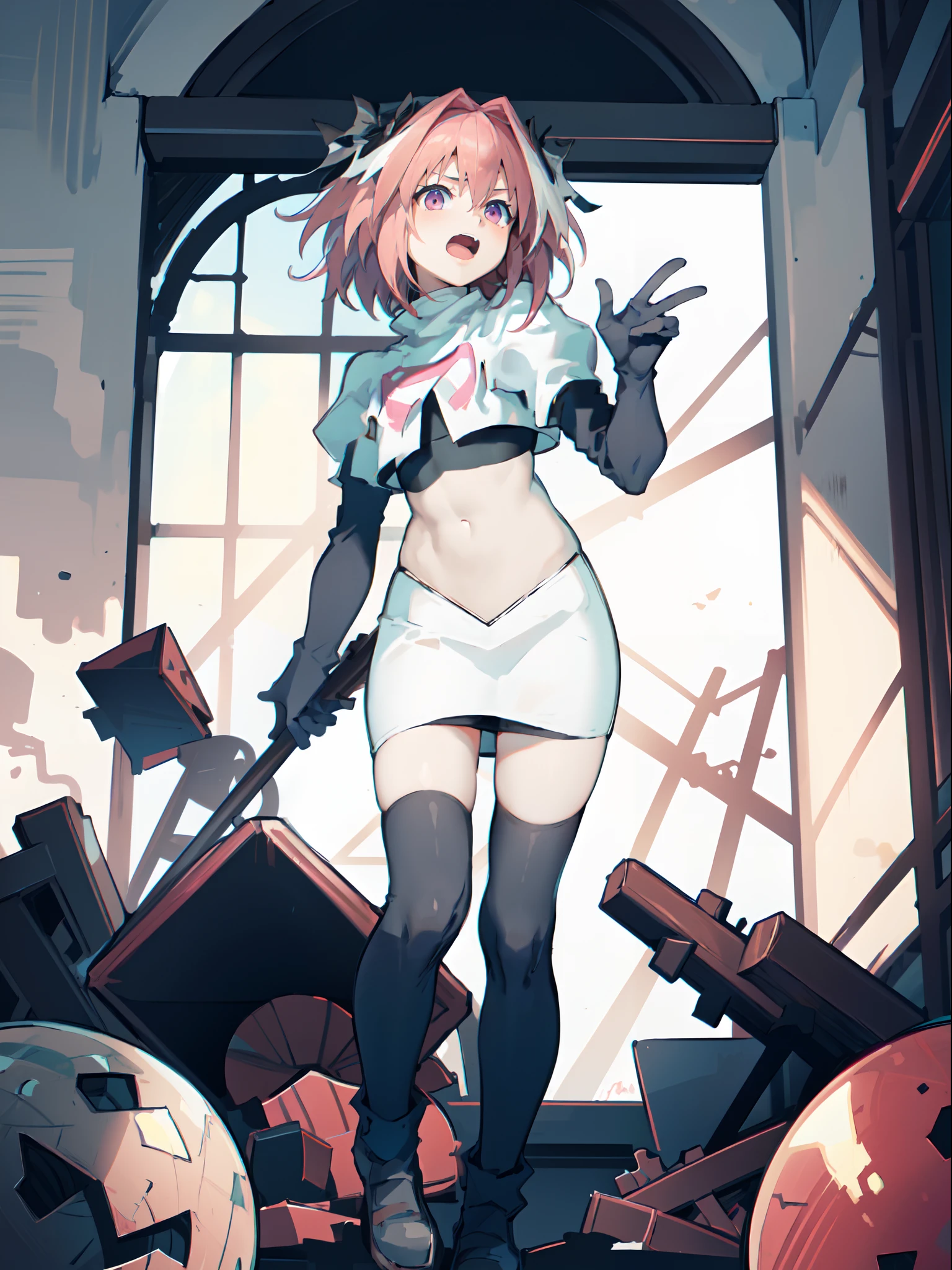 absurdres, masterpiece, best quality, (astolfo fate:1.2155), 1boy, male focus, trap, pink multicolored hair, pink hair, white hair, hair intakes, long hair, pink detailed eyes, crossdressing,1boy,team rocket,team rocket uniform,white skirt,crop top,black thigh-highs,black elbow gloves,