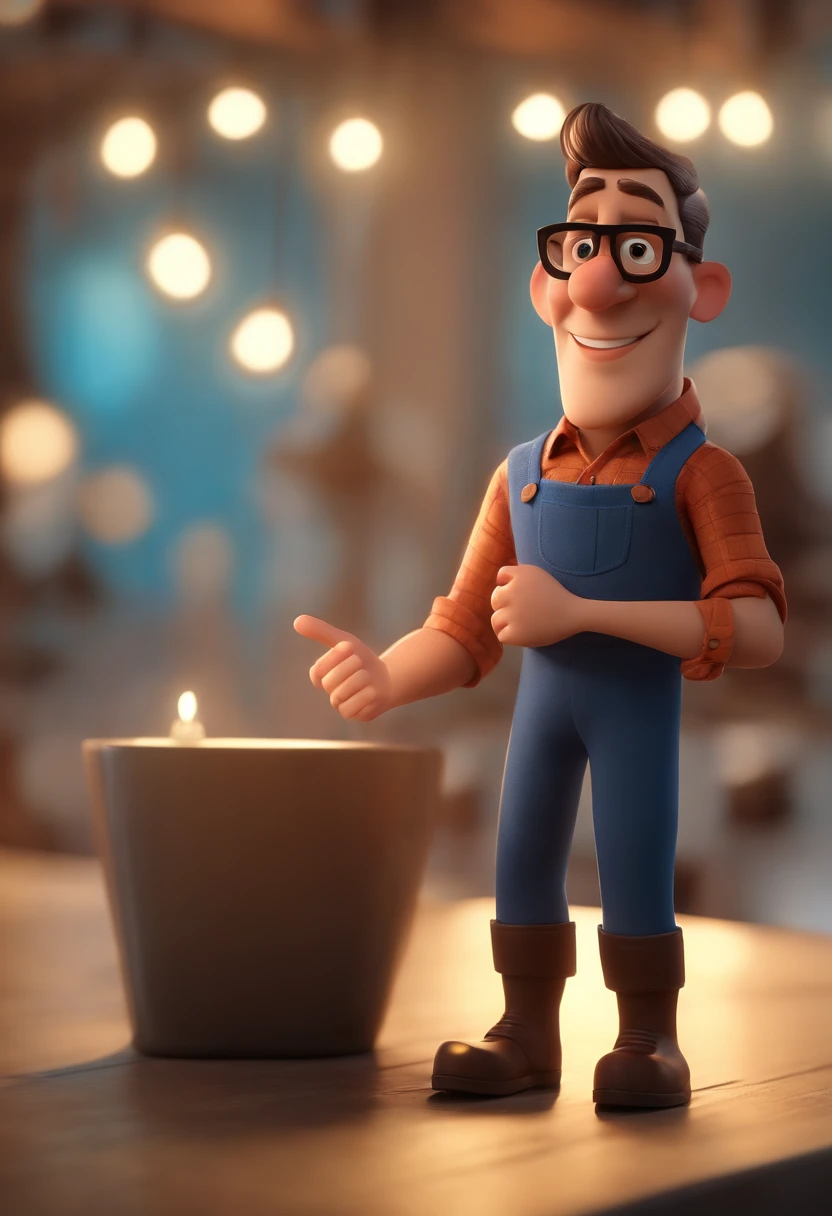 Cartoon character of a man wearing black glasses and a blue shirt, um personagem animado, Caractere estilizado, animation style rendering, 3D estilizado, Arnold Maya render, 3 d render stylized, toon render keyshot, Personagem 3D, Personagem 3D, 3d rendering stylized, 3 d character render, personagem de desenho animado, Personagem de close up, Pose de personagem, (Estilo Pixar) (master part:1.2) (Bokeh) (best quality) (pele detalhada) (textura detalhada) (8k) (argila) (Cinematic lighting) (foco nítido,Senta e vaza a parte superior do corpo