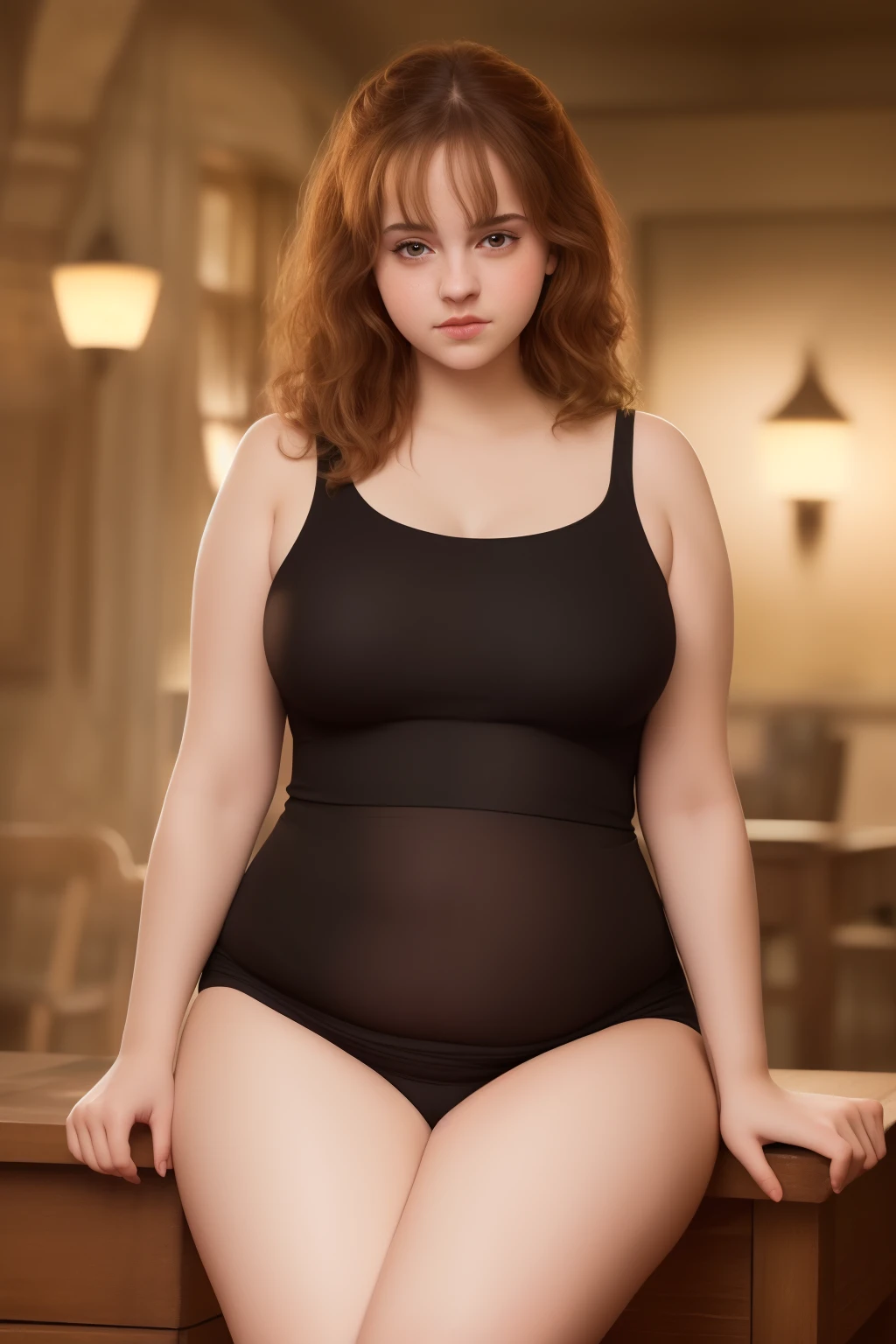 masterpiece, (photorealistic), (8k wallpaper) , (best quality), perfect quality, solo, (detailed eyes:0.9), Ermione, small smile, sexy, very beautiful face, curvy, cute face, a bit chubby, fat rolls, navel, belly rolls, soft, black dress, see-through dress, muffin top, tight dress, love handles, thunder thighs