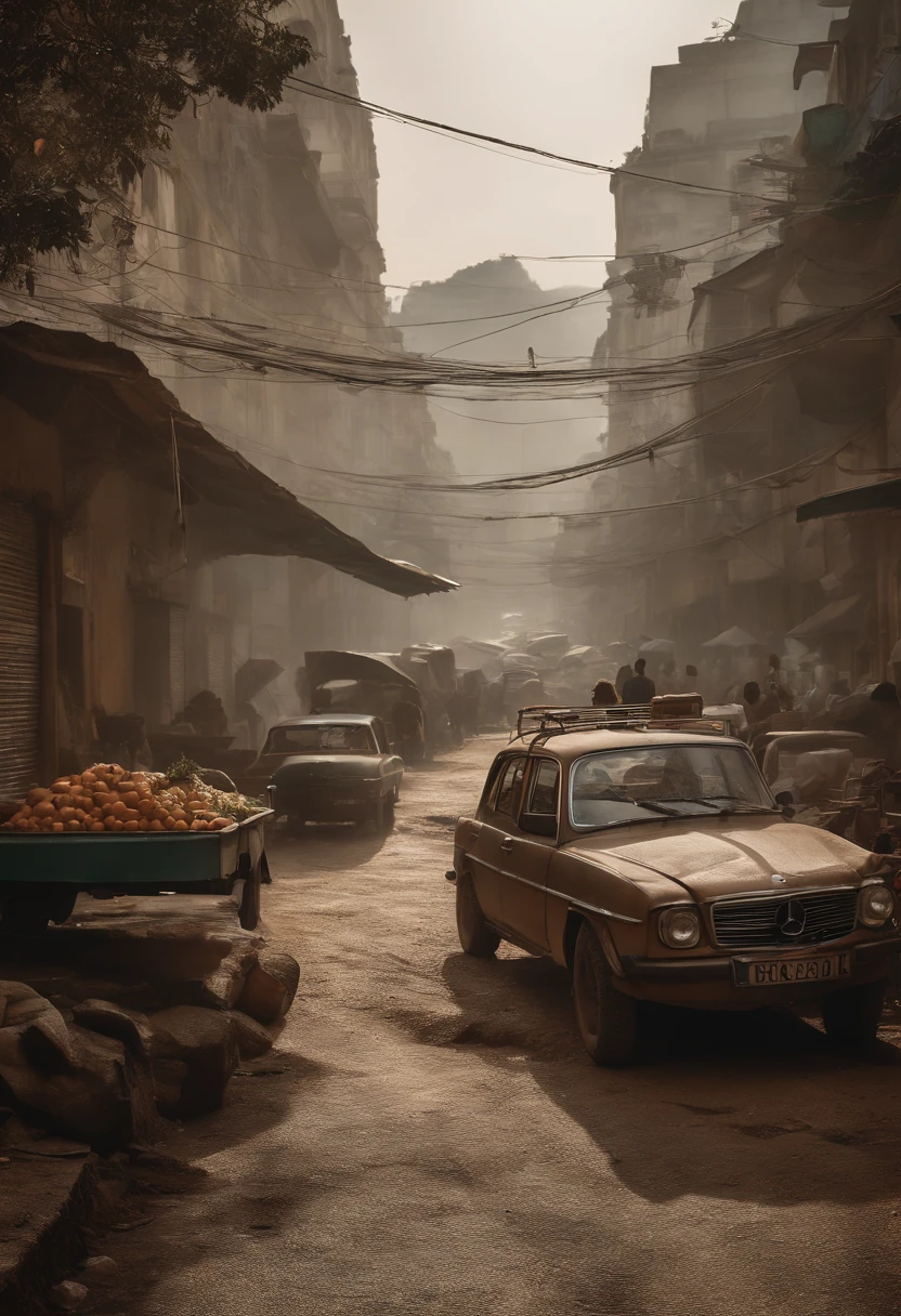 create people walking in an open-air market, Mad Max style, city in earthy tones, the city has signs in Portuguese, the city is in Rio de Janeiro, in Copa Cabana, there is no water or plants in the image. the city is in a cyberpunk future, there is rubble of destruction. the city is after the 3rd world war. large shops on the street, futuristic Mad Max style cars, several people on the street, postcard of the river in the background. Destroyed Christ the Redeemer seen from the street. postcard images of the river in the background. rubble in the street, dense smoke from pollution. There are no plants shown in the background or in the image. dense pollution. dust mist. image of sugar loaf in the background. tangle of power wires on street lamps. many power wires in the upper area of the image. use cars from the 2022s. more modern cars. in front of the image use an altered mercedes gla 200