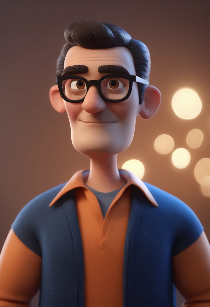 Cartoon character of a man with black glasses and a blue shirt, animation character, Caractere estilizado, animation style rendering, 3D estilizado, Arnold Maya render, 3 d render stylized, toon render keyshot, Personagem 3D, Personagem 3D, 3d rendering stylized, 3 d character render, personagem de desenho animado, Personagem de close up, Pose de personagem,  (Estilo Pixar) (master part:1.2) (Bokeh) (best quality) (pele detalhada) (textura detalhada) (8k) (argila) (Cinematic lighting) (foco nítido