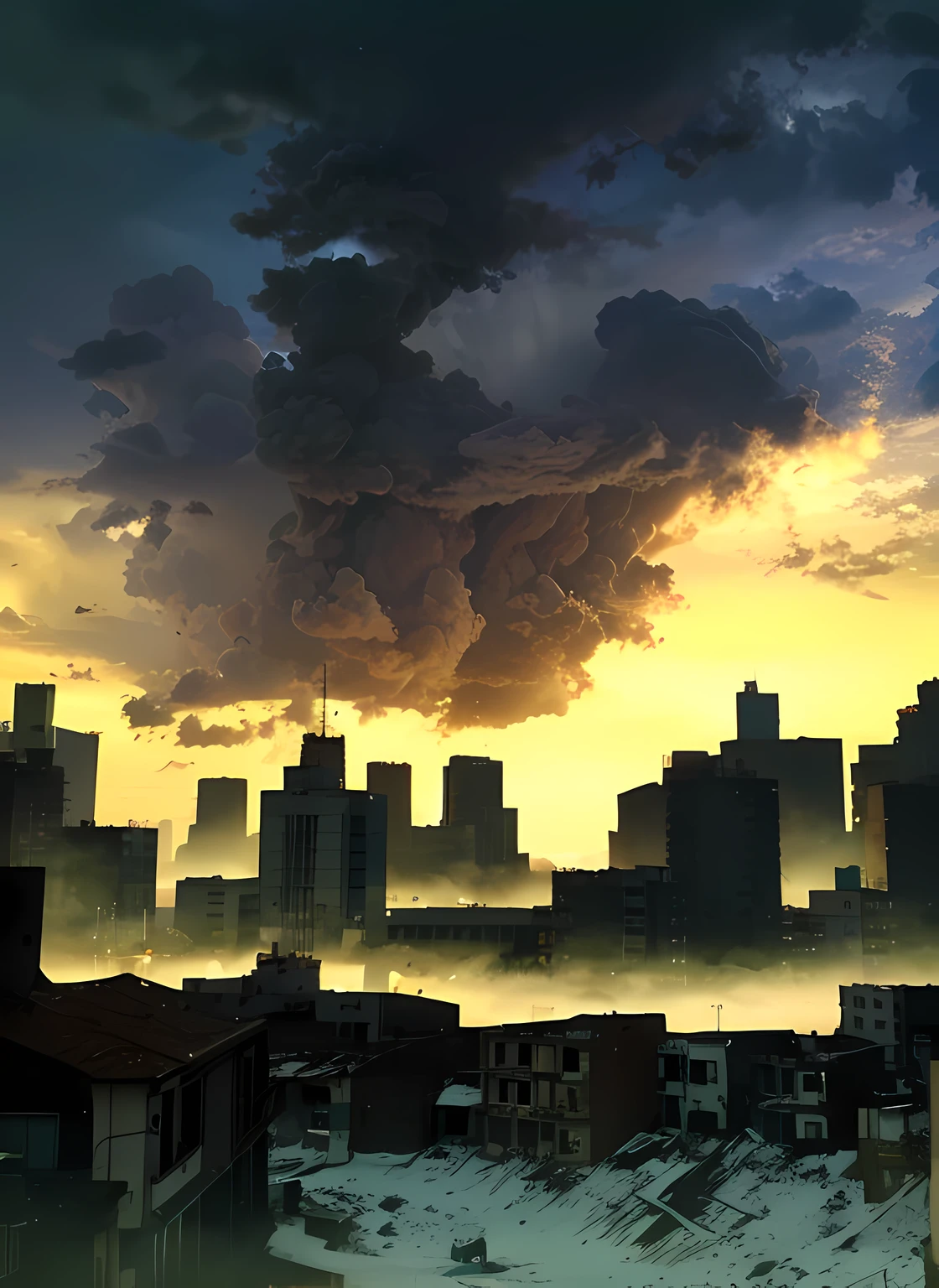 nubes oscuras, ciudad en llamas