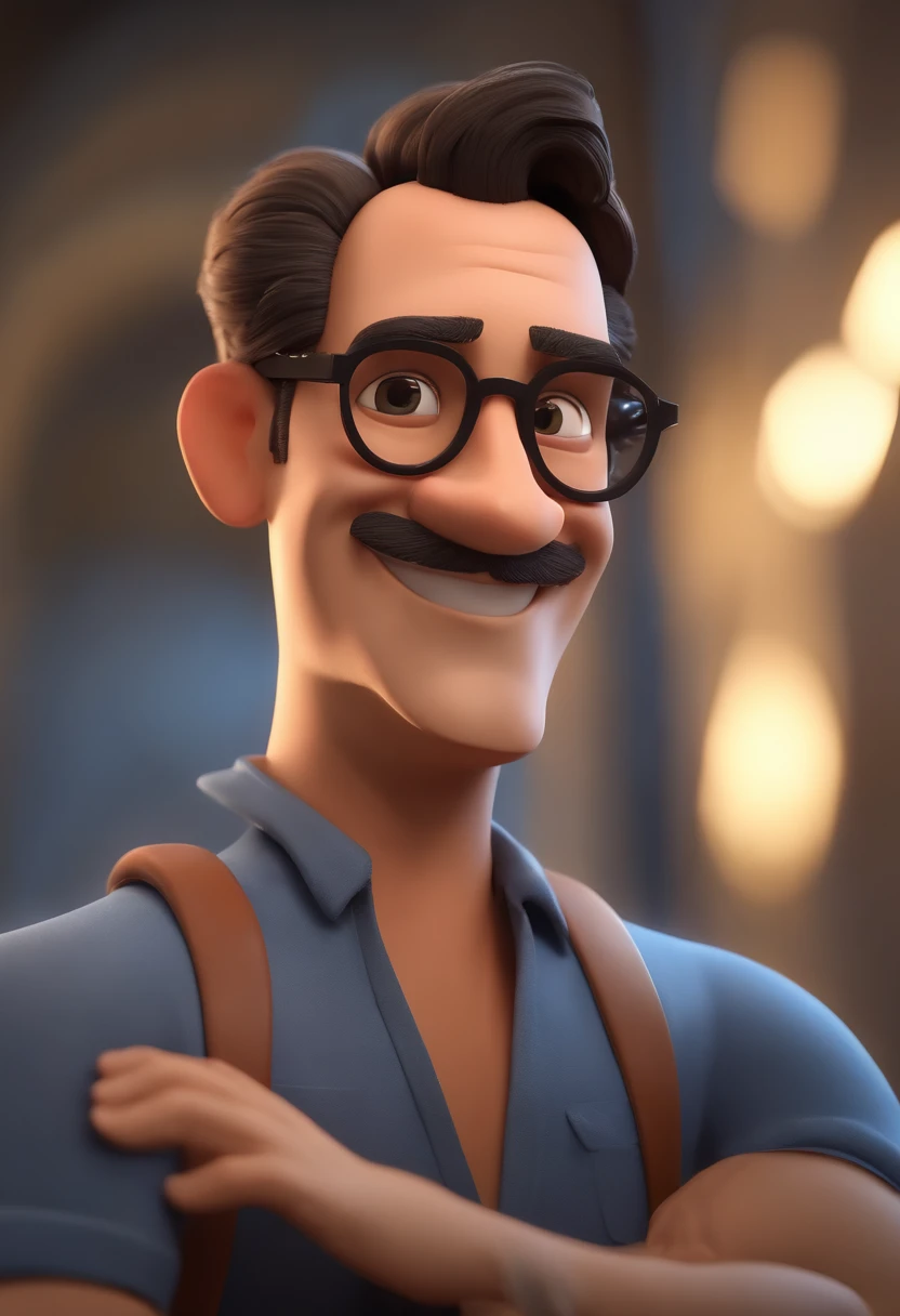 Cartoon character of a man with black glasses, cabelo cacheado marrom escuro e uma camisa azul, animation character, Caractere estilizado, animation style rendering, 3D estilizado, Arnold Maya render, 3 d render stylized, toon render keyshot, Personagem 3D, Personagem 3D, 3d rendering stylized, 3 d character render, personagem de desenho animado, Personagem de close up, Pose de personagem, (Estilo Pixar) (master part:1.2) (Bokeh) (best quality) (pele detalhada) (textura detalhada) (8k) (argila) (Cinematic lighting) (foco nítido