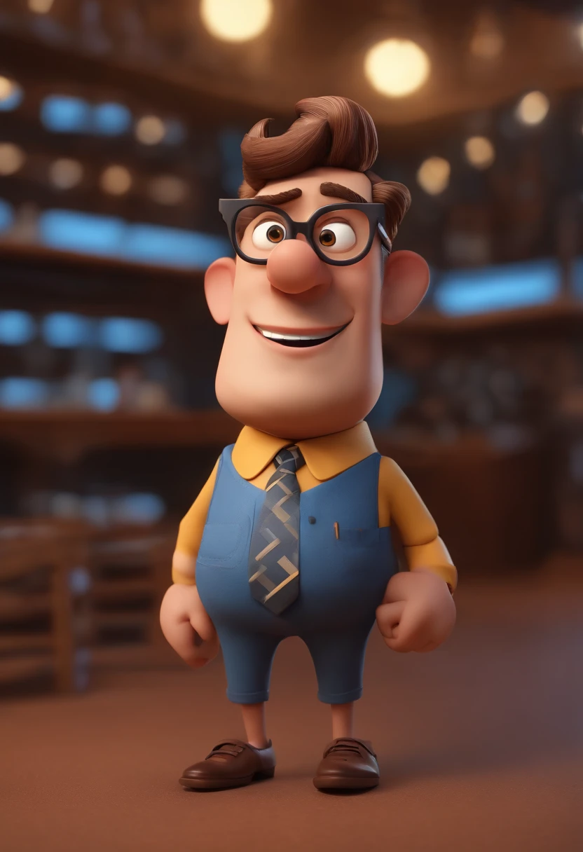 Cartoon character of a man with black glasses, cabelo cacheado marrom escuro e uma camisa azul, animation character, Caractere estilizado, animation style rendering, 3D estilizado, Arnold Maya render, 3 d render stylized, toon render keyshot, Personagem 3D, Personagem 3D, 3d rendering stylized, 3 d character render, personagem de desenho animado, Personagem de close up, Pose de personagem, (Estilo Pixar) (master part:1.2) (Bokeh) (best quality) (pele detalhada) (textura detalhada) (8k) (argila) (Cinematic lighting) (foco nítido