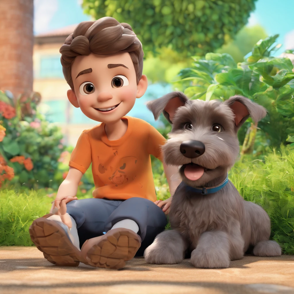 Lucas is a smiling 5-year-old human boy, com seu fiel amigo, Bolt, o cachorro schnauzer, deitados no jardim