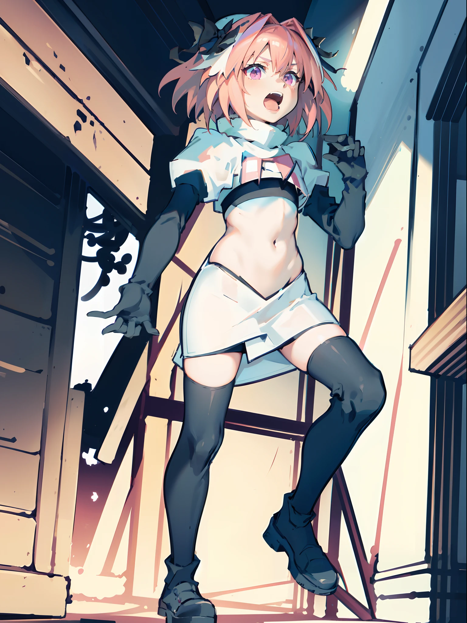 absurdres, masterpiece, best quality, (astolfo fate:1.2155), 1boy, male focus, trap, pink multicolored hair, pink hair, white hair, hair intakes, long hair, pink detailed eyes, crossdressing,1boy,team rocket,team rocket uniform,white skirt,crop top,black thigh-highs,black elbow gloves,