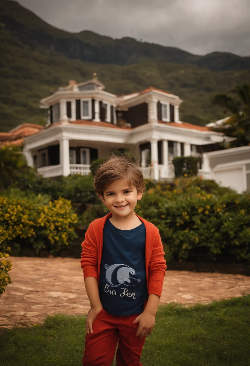 : Miguel, aproximadamente 5 anos de idade, cabelo curto estilo Disney, olhos castanhos e sorrisos. garota: Giovana, 2 anos, longos cabelos pretos e olhos azuis. scenecy: Miguel and Giovana are in a cozy little house in the valley, ao fundo um dia ensolarado, Destacando o Sol.