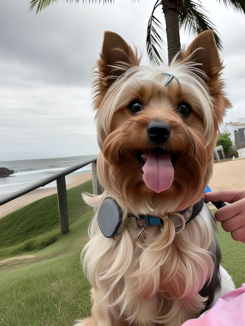 there is a dog that is sitting on a person's lap, Yorkshire Terrier, olhar desleixado, selfie of a dog, tirado no iphone 14 pro, aw, Tongue out, segurando seu Yorkshire Terrier, feliz com a boca aberta, tirado no iphone 1 3 pro, Directed by: Luis Miranda, com rostos molhados!!, front facing the camera