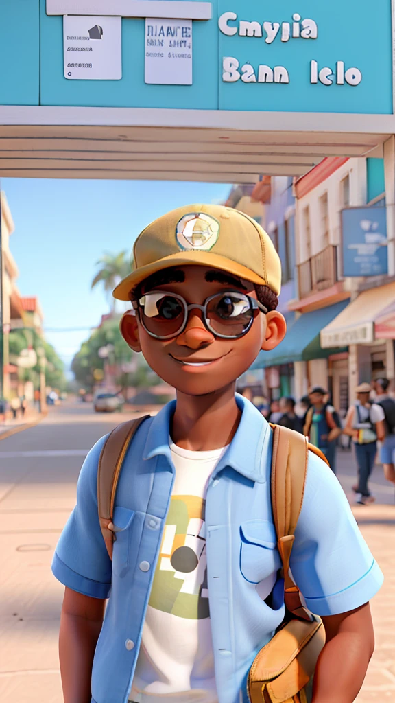 Young black man in photo wearing sunglasses, cap and backpack on a sightseeing tour in Diamantina. Boca Sorrindo. camisa cinza e cabelo curto. com bigode e sem barba