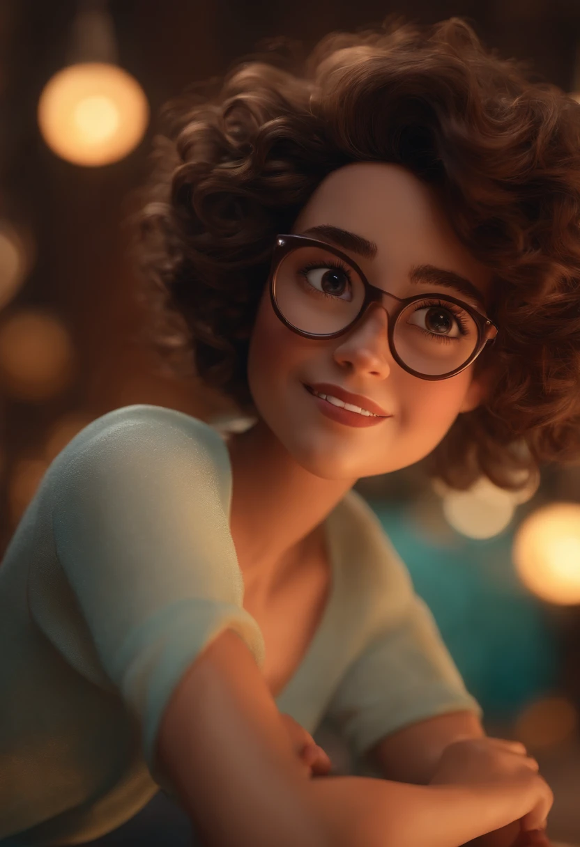 /imagine Pixar style image with 3D character white glasses, brunette woman, short curly hair dancing, Maquiagem Disney,Pescador, bonitinho, sorridente ,Close-up, Pixar, Disney, Cinema lighting,