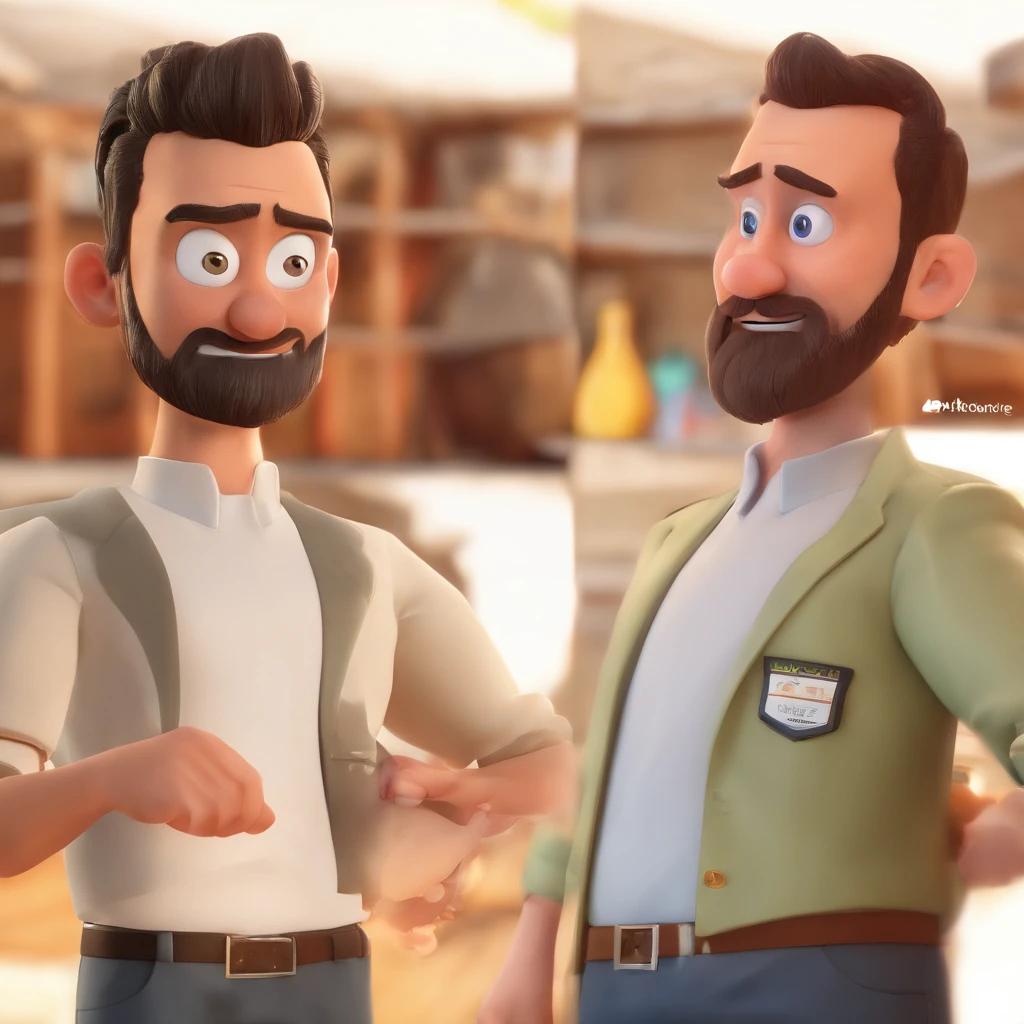 Criar um personagem no estilo Pixar. Trata-se de um homem de 30 anos, com barba, Branco, com cabelos castanhos curtos e um quiff, e olhos castanhos. Ele deve estar na frente de um computador, Trabalhar como designer
