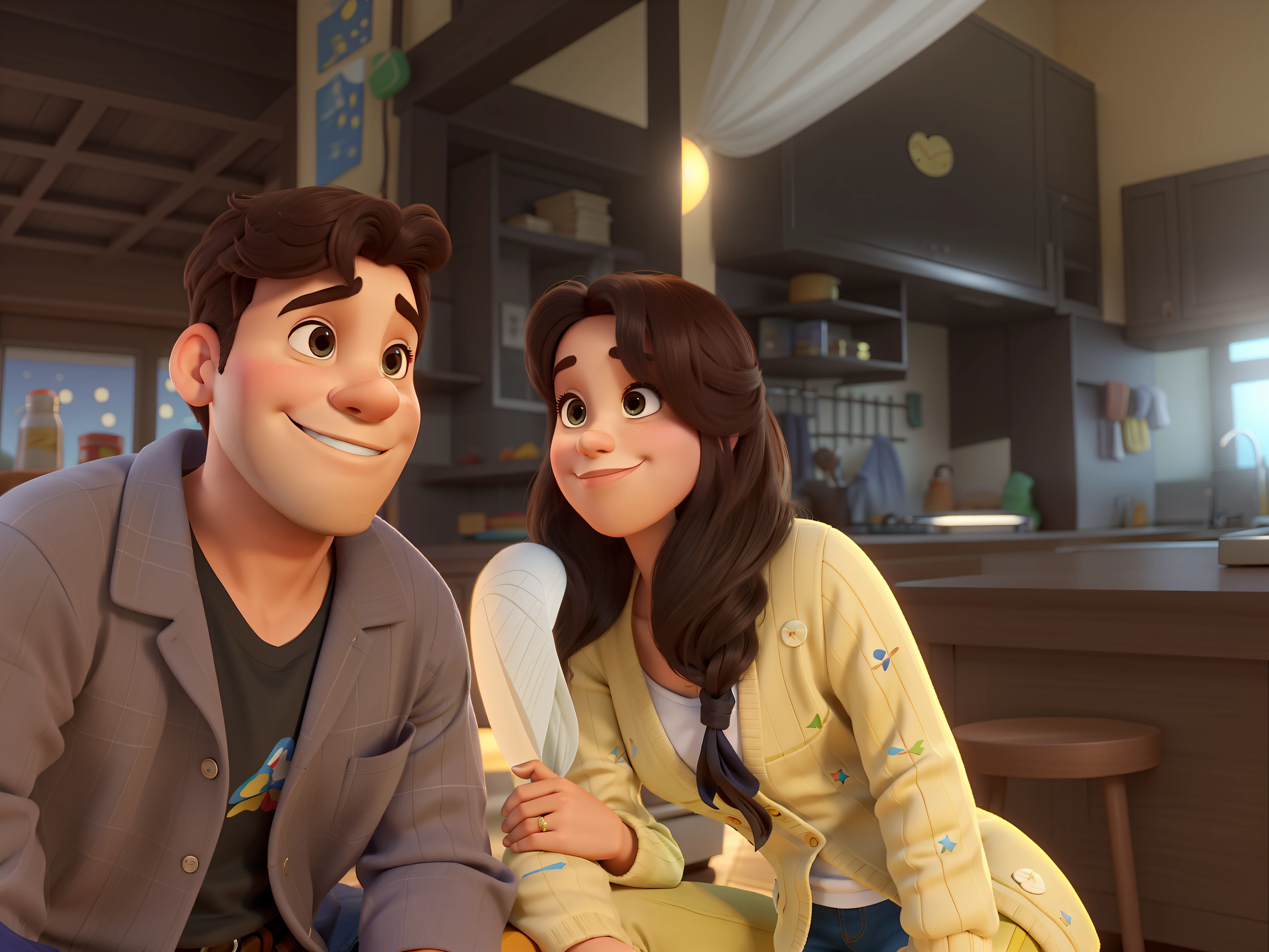 casal homem e mulher no estilo Disney Pixar, alta qualidade, melhor qualidade com por do sol ao fundo