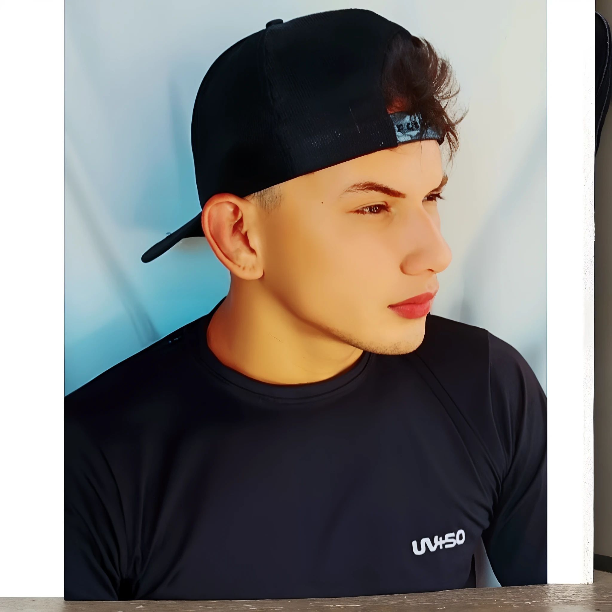 There's a man wearing a black hat and a black shirt, wearing baseball cap, Pose de perfil, Foto de perfil, instagram post, with rap cap on head, wearing a baseball cap, Directed by: Byron Galvez, perfil frontal!!!!, profile view, Pose de perfil, retrato de perfil, inspirado em Ugo Nespolo, Postagem no Reddit, foto de luxo, wearing a navy blue utility cap