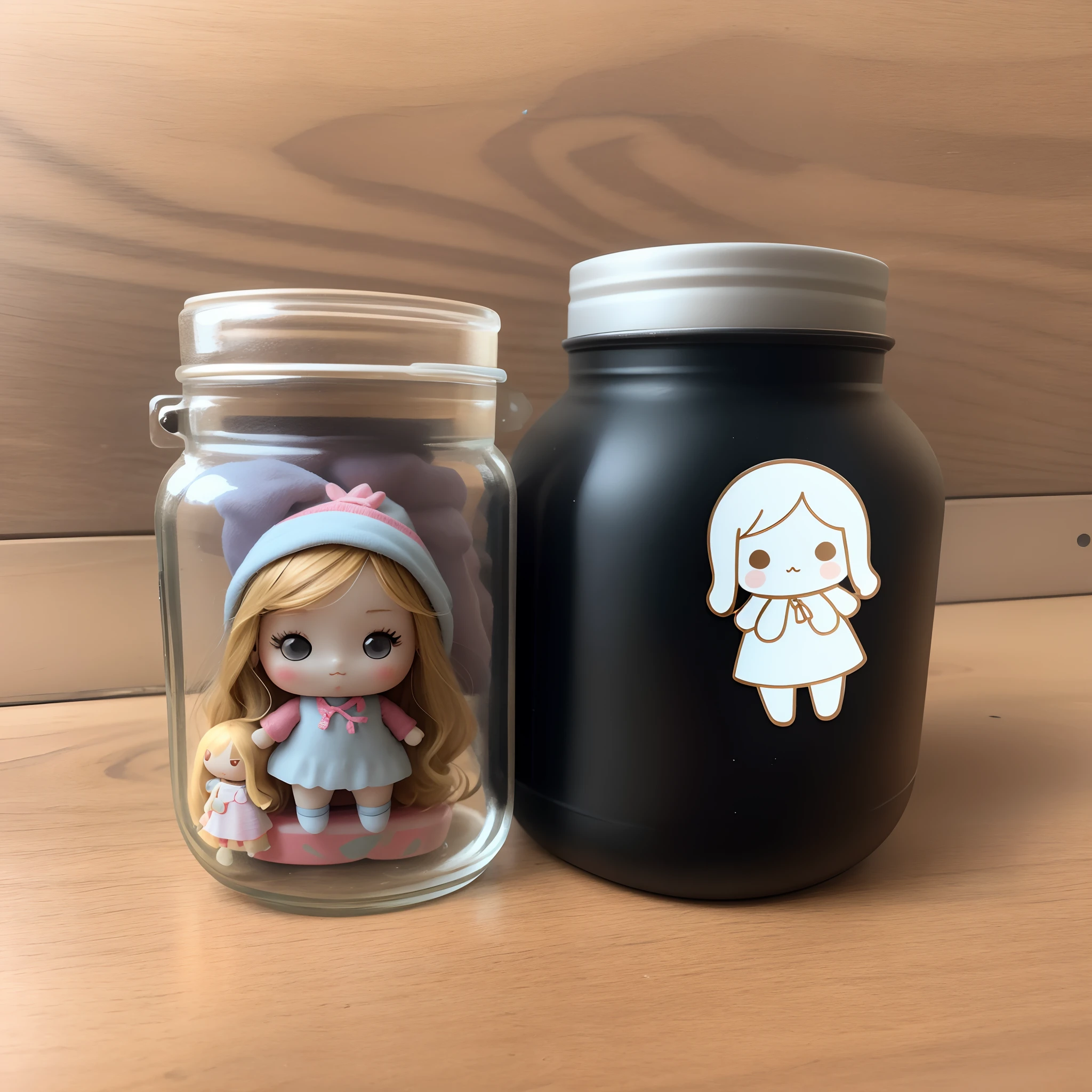 a sticker、Notch line on the outside of the sticker、There is a small doll in a small jar、It's a cute pose...........、