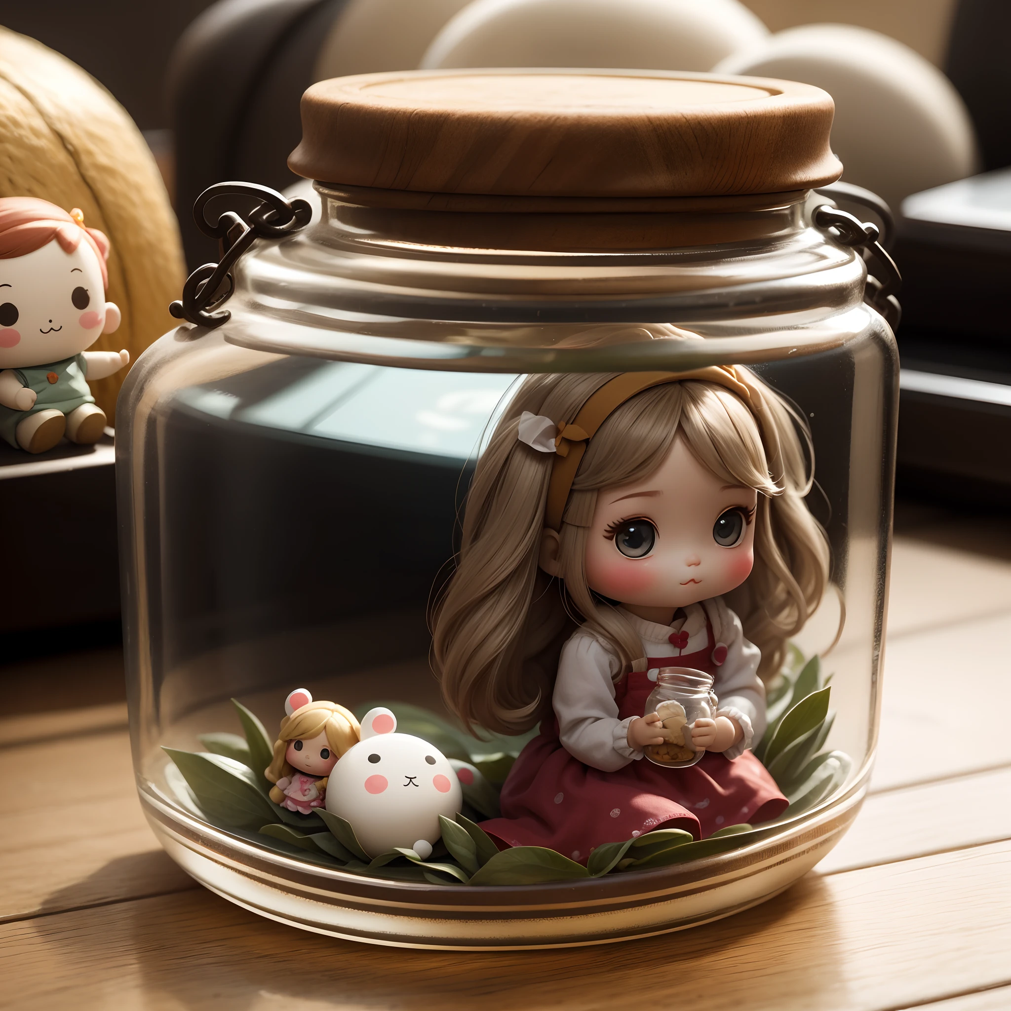 a sticker、There is a small doll in a small jar、It's a cute pose............、
