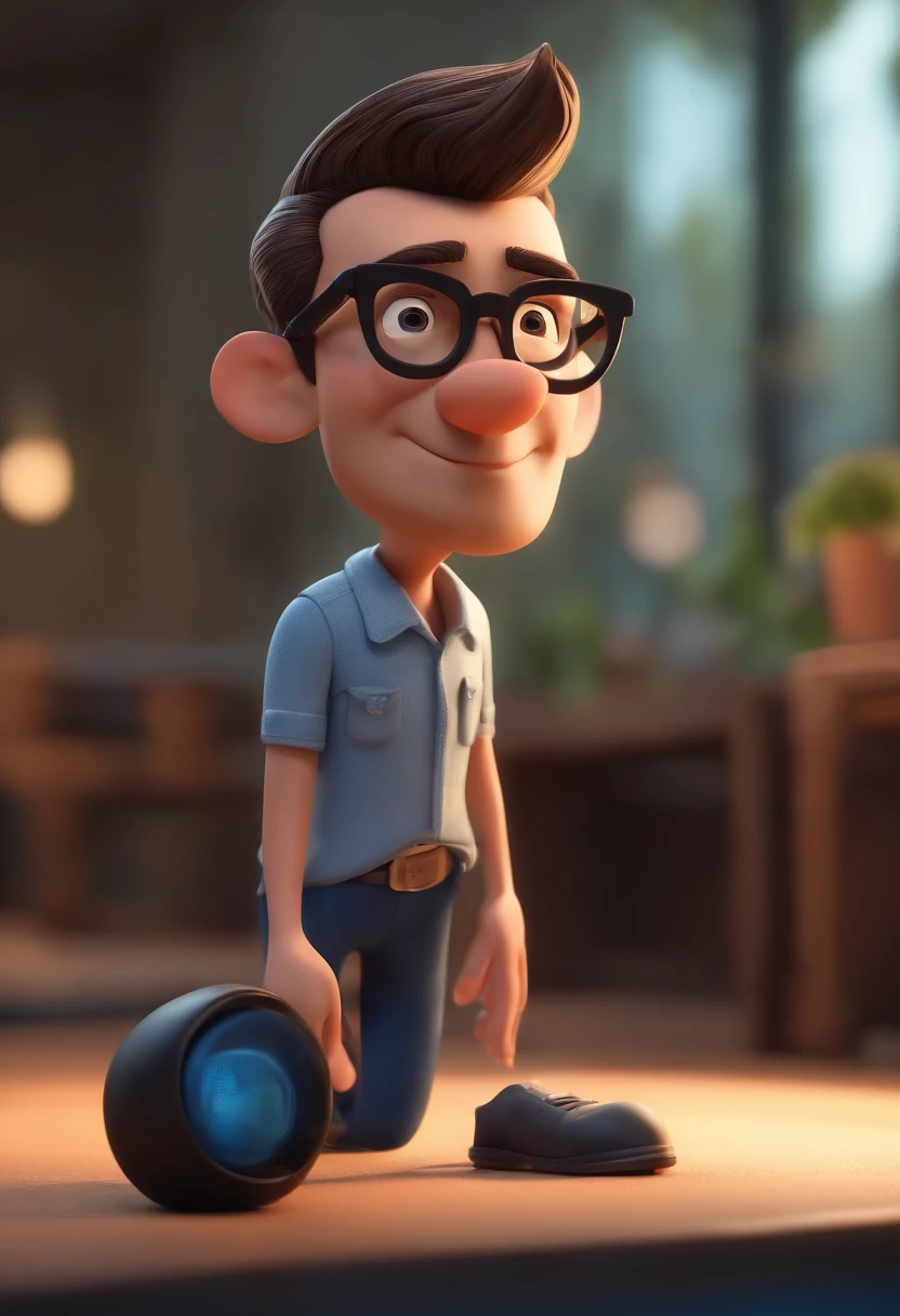 Cartoon character of a man with black glasses, cabelo cacheado marrom escuro e uma camisa azul, animation character, Caractere estilizado, animation style rendering, 3D estilizado, Arnold Maya render, 3 d render stylized, toon render keyshot, Personagem 3D, Personagem 3D, 3d rendering stylized, 3 d character render, personagem de desenho animado, Personagem de close up, Pose de personagem,  (Estilo Pixar) (master part:1.2) (Bokeh) (best quality) (pele detalhada) (textura detalhada) (8k) (argila) (Cinematic lighting) (foco nítido