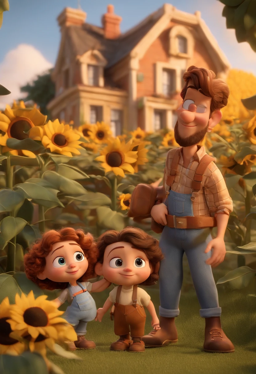Create a Disney PIXAR-style 3D poster. ((centro da imagem)), ((1 adult and 2 children)) (( 1 homem, branco, barba rala, cabelo castanho claro curto e liso, 1 e 1 meninaado, They're hugging each other, a menina tem panca, cabelos loiros e tem olhos castanhos claros, a menina tem pele br olhos escuros cabelos castanhos claro e liso)) ((tudo isso no estilo Disney PIXAR 3D, In the background, A house of sunflowers, Gloria Studio, The garden is full of nature 3D render RTX clay material, estilo de design cartunesco, POP Mart, soft lighting, linhas suaves, Spring tilt, Detailed illustrations of PIXAR 3D, Detalhes hiper-realistas, cor quente no estilo Disney PIXAR 3D))