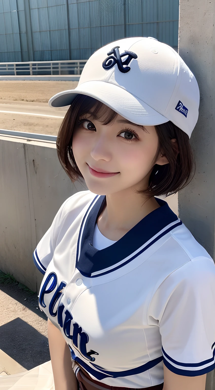 (top-quality,8K picture quality,masterpiece:1.3,),(超A high resolution:1.3,Photorealsitic:1.4,Raw photography:1.2),(ultra-detailliert:1.2,shinny skin,Detailed skin:1.1),(Detailed face,Perfect Anatomy,Caustics:1.2),(stadio),(spectator seats:1.2),(support),to stand,sideways Facing,(Stranger),composition from the waist up,kawaii,japanes,22year old,Japanese ido,Natural brown hair,Curl short hair outward,Pretty eyes,natural make up,large boob,Oversized Baseball Uniform Shirt,White skirt,huge smile,Professional Lighting,natural soft light,