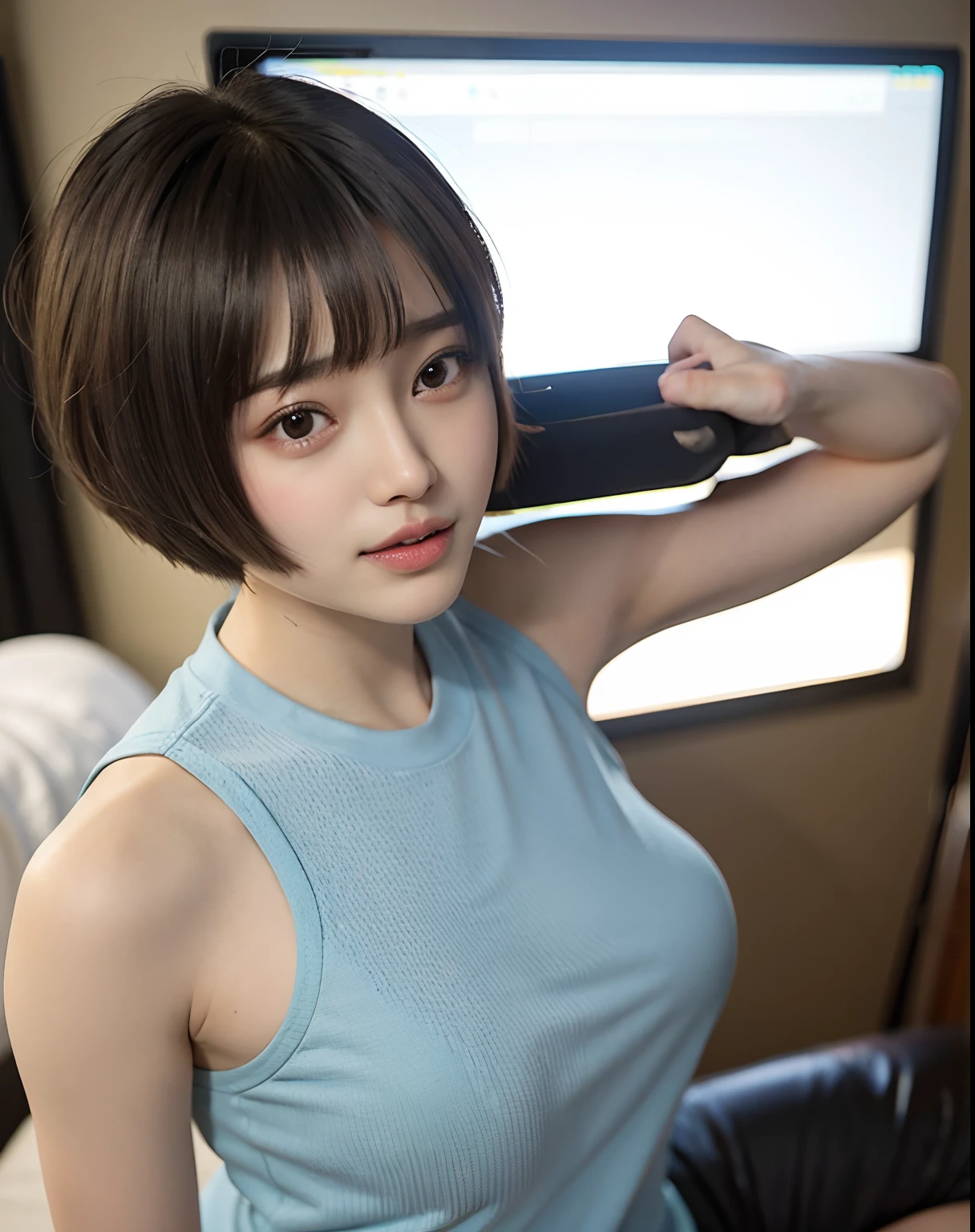 zydG, 1girl, More skin, Look at viewers, brown-eyed, (Shorthair with bangs:1.2), (huge tit:1.0), (Areola:0.8), cparted lips, 牙, a smile,
(Photorealsitic:1.4), (Top image quality:1.0), (超A high resolution:1.0), 8K, RAW Photography, (masterpiece:0.2), (sports wear:1.5), from side, portlate,
(pureerosface_v1:0.5)、perspiring、Nasty sexual gasping face