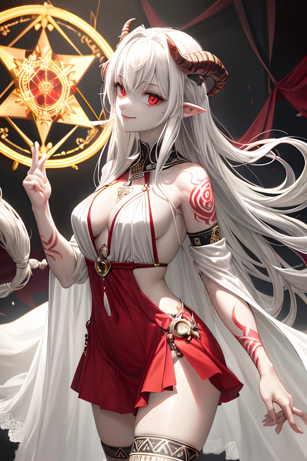 (ashenhard style:1.4), ​masterpiece, top-quality, hightquality,(Has a dark red glow and red eyes、Dark shapeless creatures surrounded by darkness:1.2), (In profile), (dark:1.2), abstraction, abyssal, awardwinning photo, depth of fields, HDR, ighly detailed, trending on artstationh, Trending in CGSighbour, Convoluted, High Detail,(masterwork:1.2、top-quality)、(The best lighting、extremely delicate and beautiful)、(The best lighting、extremely delicate and beautiful)、(beautifull detailed face)、(Detailed eyes and detailed face:1.2)、Dark Fantasy, (younggirl, Little beast, 1girl, 独奏, Crazy smile, pale skin,19 piercings,((tattoos all over the body,Tribal tattoos all over the legs)) white  hair, red eyes, Dynamic Angle, Vampires), (Chains in the background,Get a magic circle,Get demons to be summoned), (Devil from Magic Circle)Magic Thunder, pointy_ears, tusk,Demon Wings,Demon Horns,Blood on the face,Blood Rain,Blood fog,(depth of fields),highcontrast,（blood splashing：1.4),cowboy  shot,full bodyesbian,negligee,shout,Birth,Magnificent stage