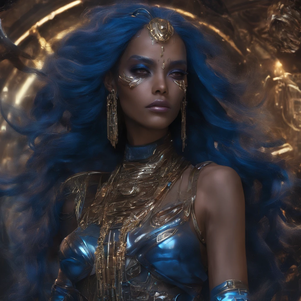 dark blue hair, long hair, seemingly rough face but still seems kind, female, elf, darker brown skin, a wanderer whos goal is to explore this world, good with medicine, golden eyes that look like stars, a really pretty dress thats still lets you move in, seems sleepy, fox like features, netrual character, lots of jewelry but not excessive