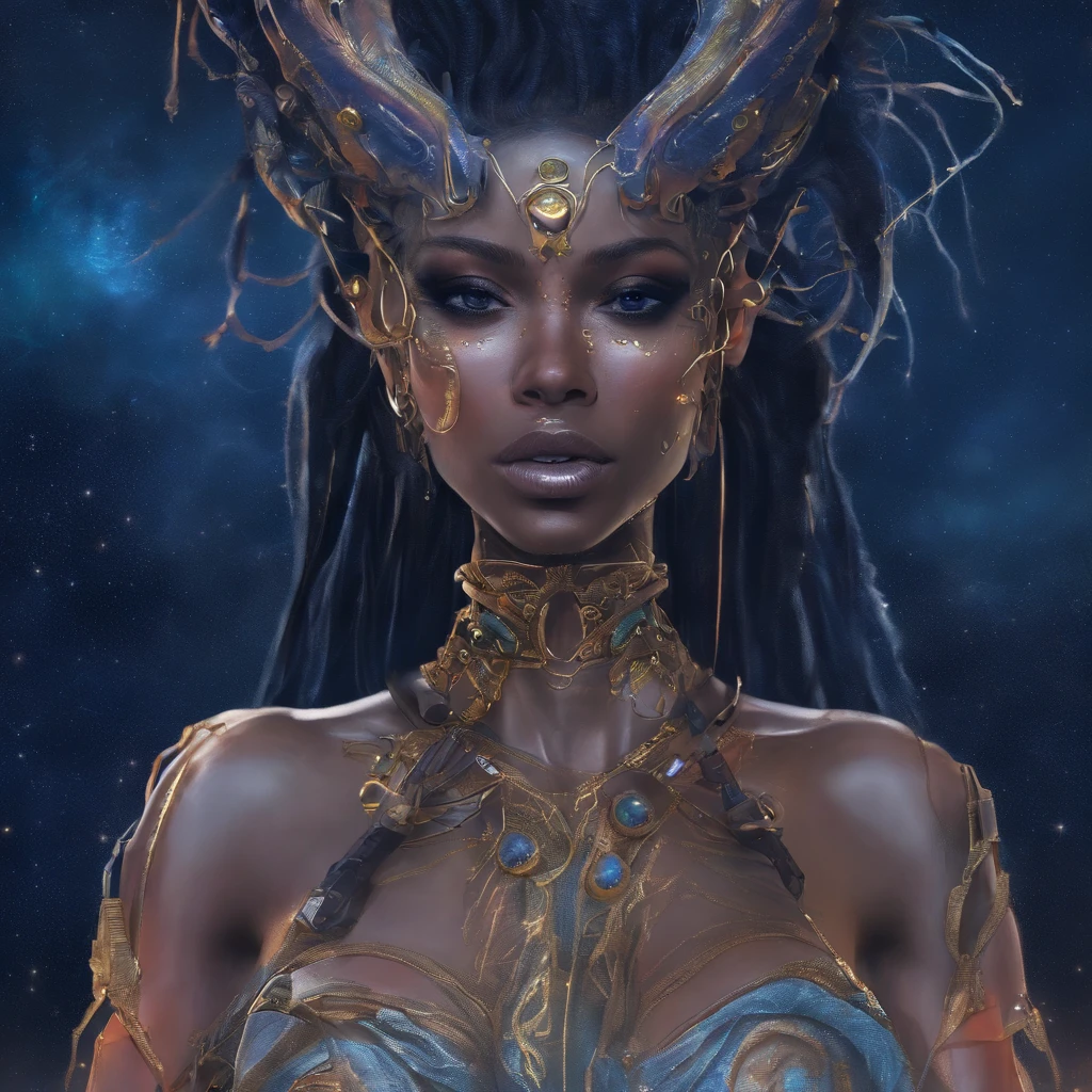 dark blue hair, long hair, seemingly rough face but still seems kind, female, elf, darker brown skin, a wanderer whos goal is to explore this world, good with medicine, golden eyes that look like stars, a really pretty dress thats still lets you move in, seems sleepy, fox like features, netrual character, lots of jewelry but not excessive