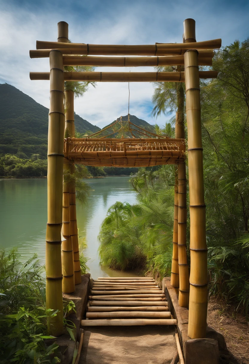 MODEL OF PORTAL MADE OF BAMBOO WITH ALLUSION TO A BOAT, PIONERIAS DE DESBRAVADORES, ESCOTISMO, PORTAL DE ACAMPAMENTO SIMPLES