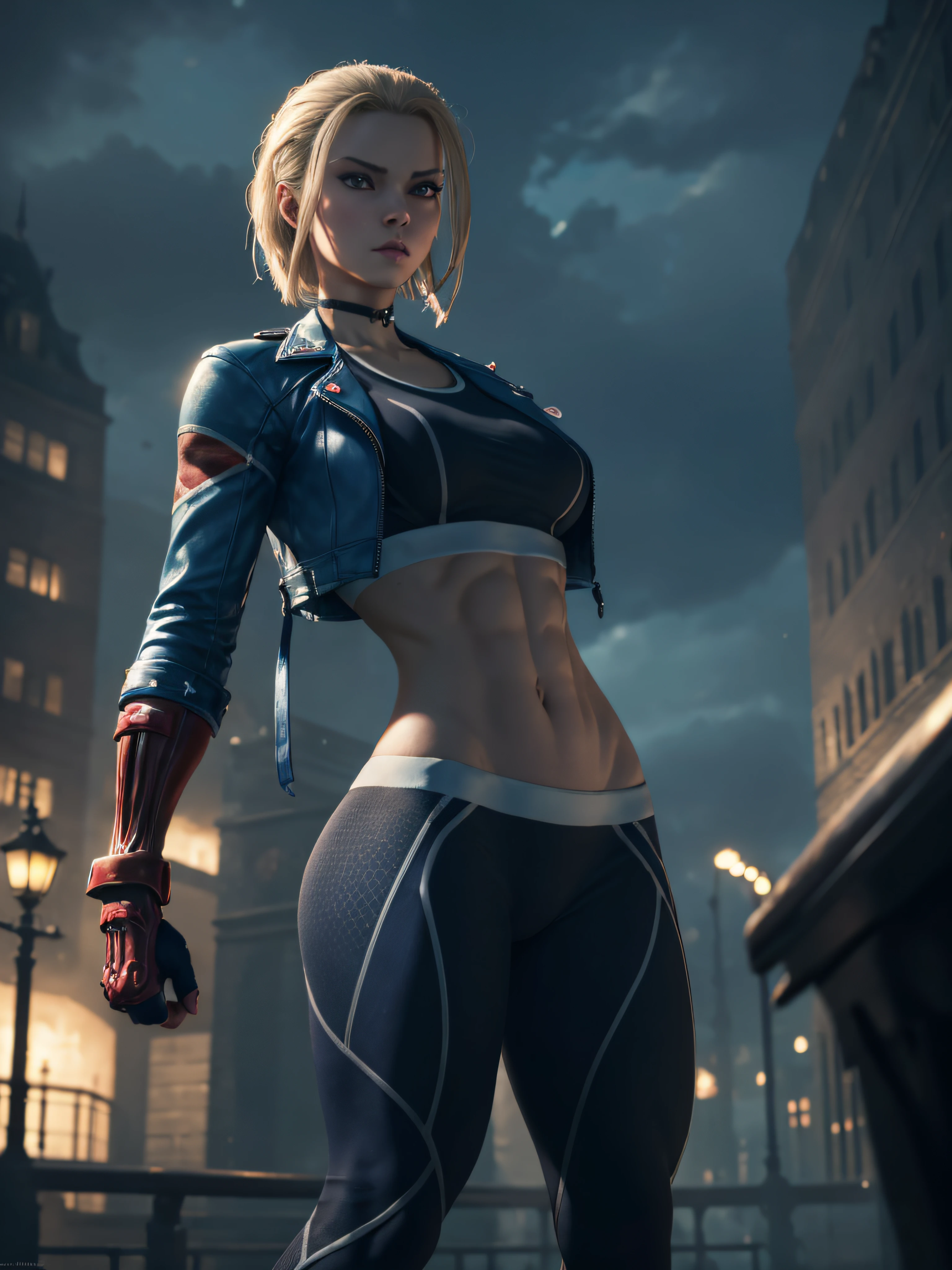 "(exquisitely detailed CG unity 8k wallpaper, masterpiece-quality with stunning realism), (best illumination, best shadow), (best quality), (elegant and demonic style:1.2), Arti modern anime. angled view, heroic pose, closeup full body portrait medium shot of cammy, navy blue sports bra, light blue open jacket, navy blue yoga pants, red gloves, Abdominal muscle, muscle, (eyes looking at viewer:1.0), abs, depth of field blur effect, night, full zoom, action portrait, photorealistic. cinematic lighting, highly detailed. best quality, 4k, Better hand, perfect anatomy, leaning forward, foreshortening effects, (cute coy flirty sexy expression), foreshortening effect, (piercing eyes:0.8), surrounded by an ominous and dark atmosphere, accentuated by dramatic and striking lighting, imbued with a sense of surreal fantasy", (mature:0.5) (night:1) (ready to fight:1.4) (stretching pose:1) (red london bus in the background:1) (in london city:1)