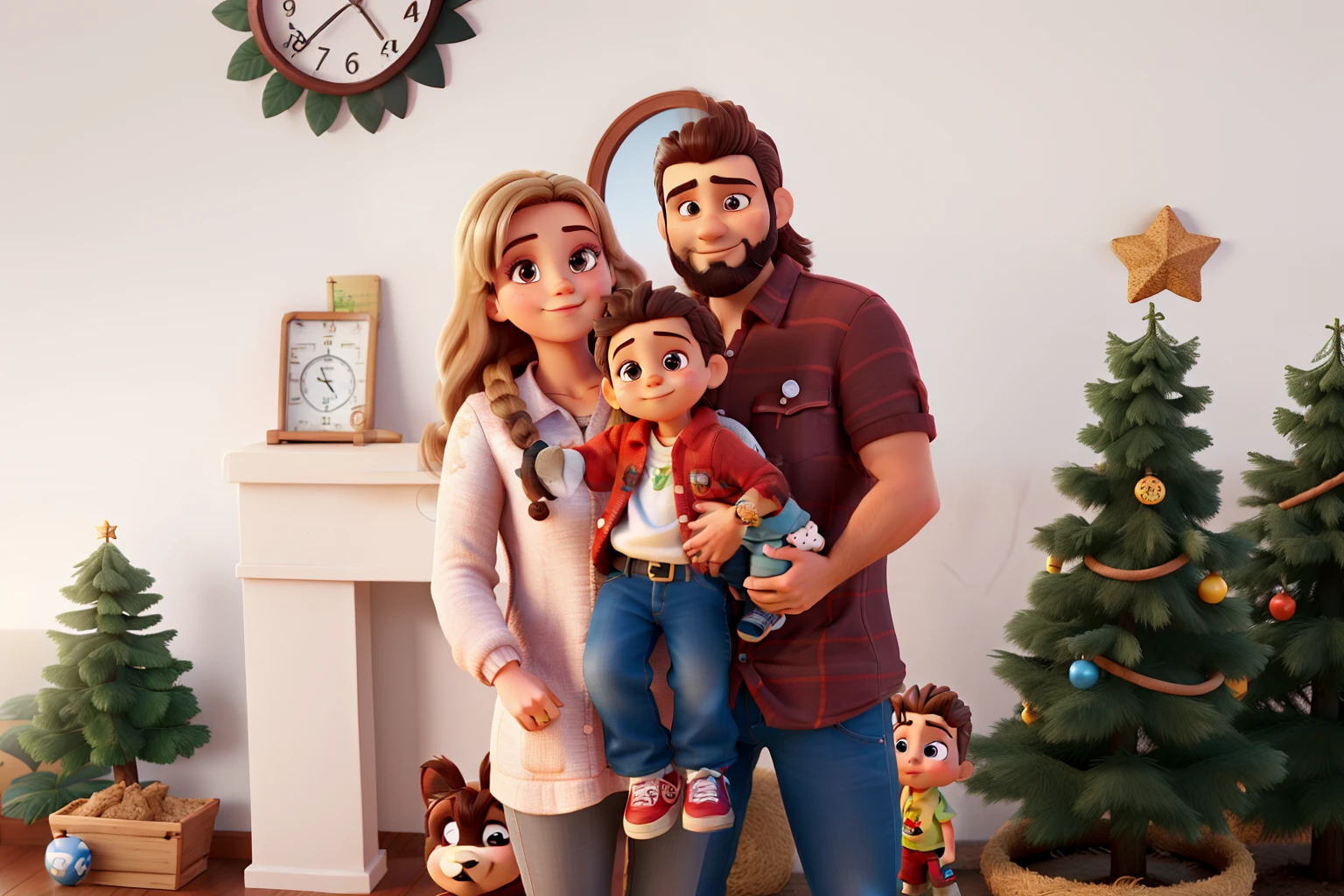 Mulher loira segurando no colo um bebe menino com cabelo bem curtinho e camisa de trem, homem cabelo castalho claro, barba na cor mais puxada para o preto/castanho escuro, tema natalino de fundo no estilo Disney pixar melhor qualidade, maior qualidade, 8k