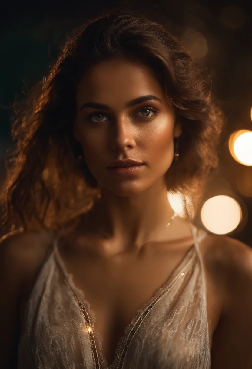 A mesmerizing portrait of a young woman in a translucent western tunic dress, drenched in rain, her captivating eyes peering through her tousled hair, eyes visible through hair, colored inner hair, proper eye position, natural skin, backlight, cinematic light, rim light, soft light , hips, in night time, city side background, detailed color graded background, intricate , highly detail, octane render, HD, 8k,