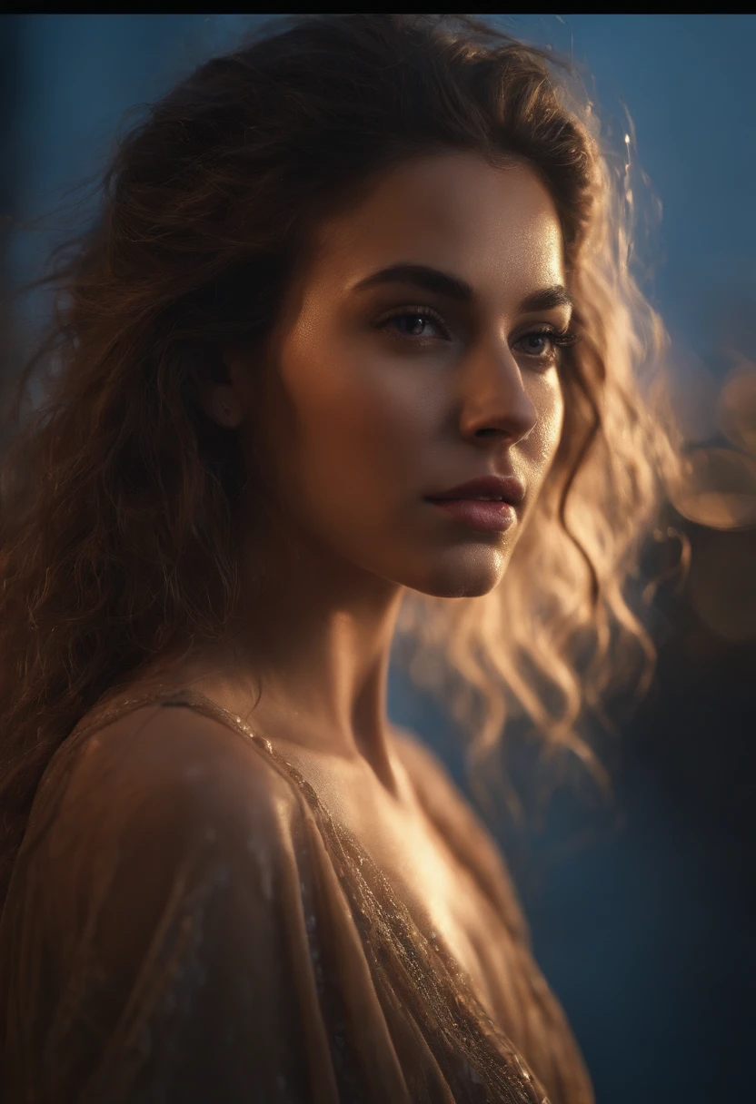 A mesmerizing portrait of a young woman in a translucent western tunic dress, drenched in rain, her captivating eyes peering through her tousled hair, eyes visible through hair, colored inner hair, proper eye position, natural skin, backlight, cinematic light, rim light, soft light , hips, in night time, city side background, detailed color graded background, intricate , highly detail, octane render, HD, 8k,