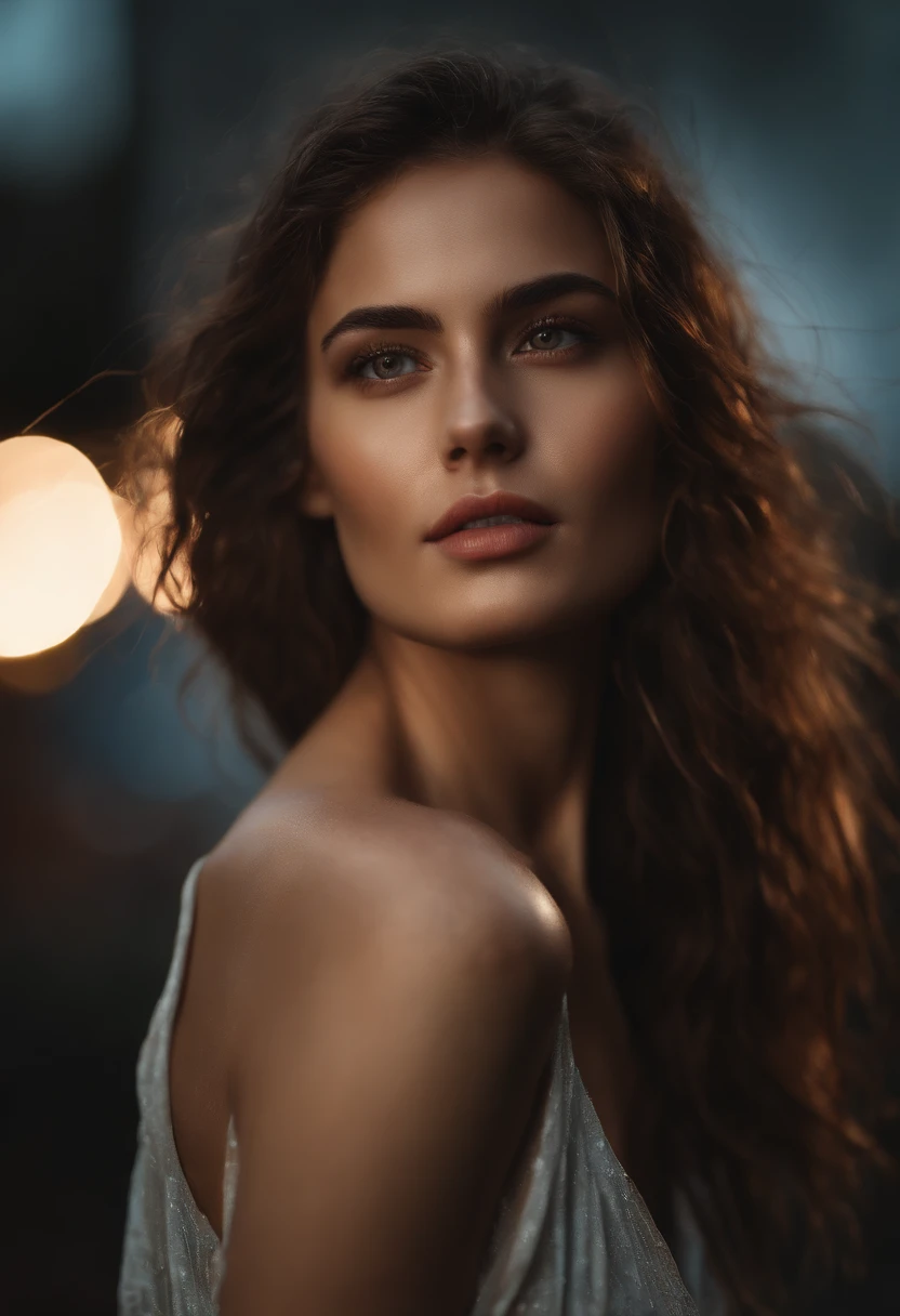 A mesmerizing portrait of a young woman in a translucent western tunic dress, drenched in rain, her captivating eyes peering through her tousled hair, eyes visible through hair, colored inner hair, proper eye position, natural skin, backlight, cinematic light, rim light, soft light , hips, in night time, city side background, detailed color graded background, intricate , highly detail, octane render, HD, 8k,