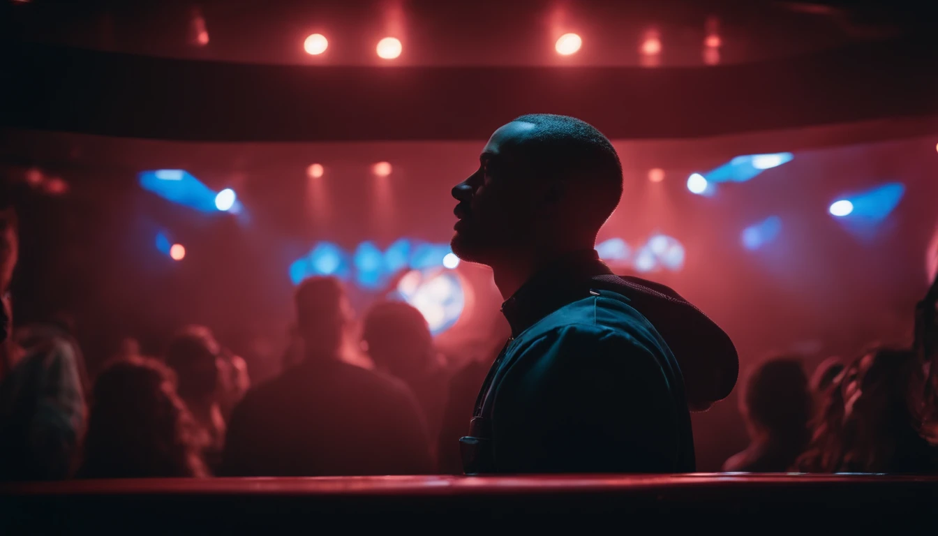 inside of a night club, blue neon lights, smokey ambient, understand night club, understanding techno rave.