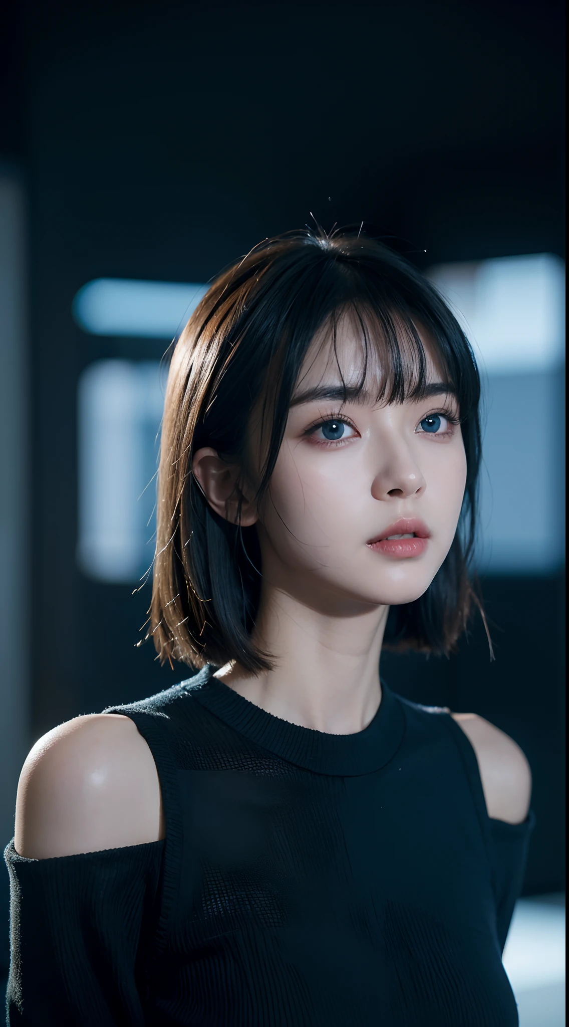 超高分辨率, Masterpiece, Best quality ,perfect glossy shiny skins, Perfect lighting, Dramatic shadows, Detailed lighting, Ray tracing, A half body, Black sweater, cropped shoulders, Blue eyes, sharpy face, Sharp eyes, Cyberpunk, Long bangs, short detailed hair, natural, NSFW, In a blue-black sky, deepshadow,